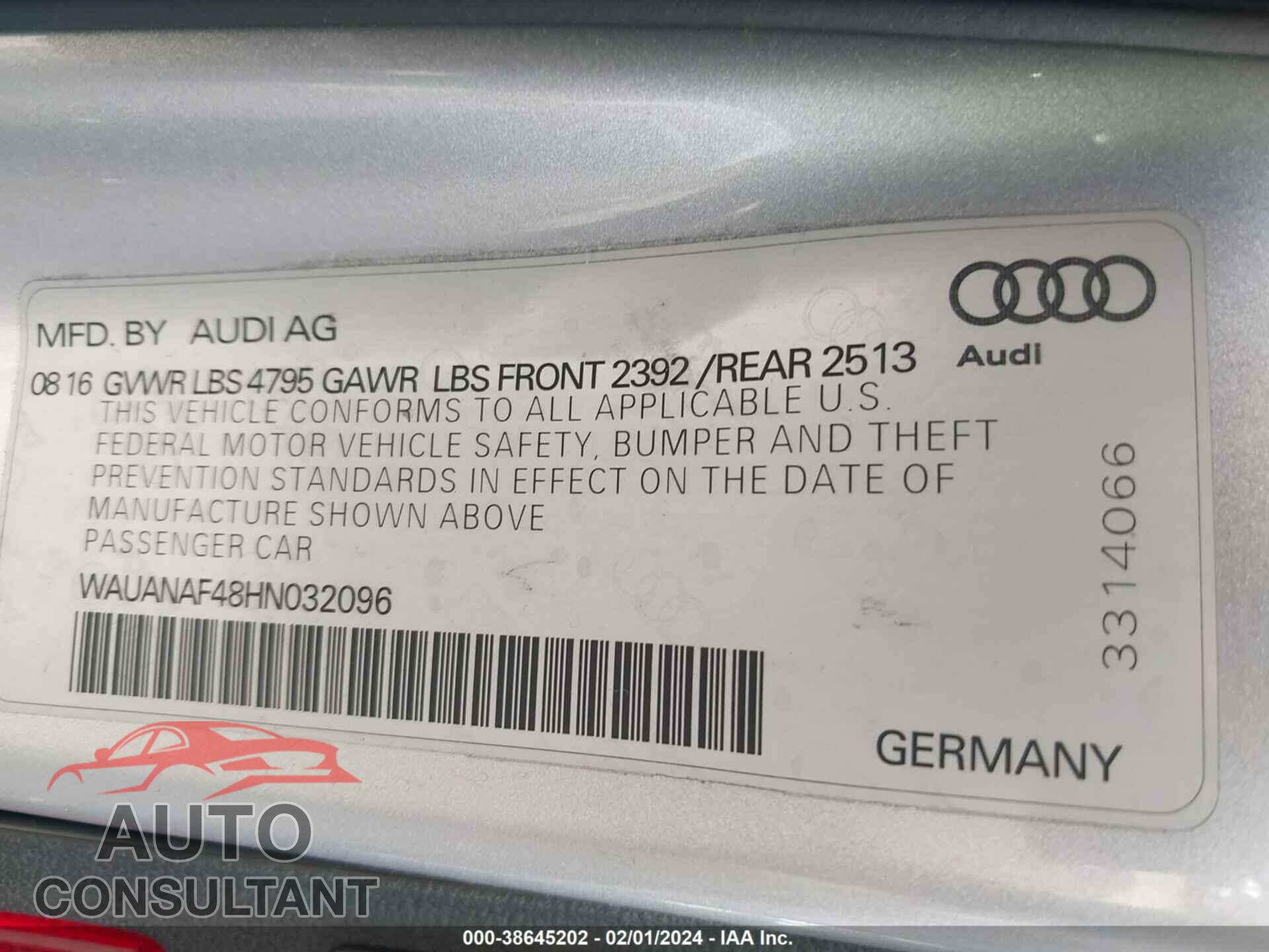 AUDI A4 2017 - WAUANAF48HN032096