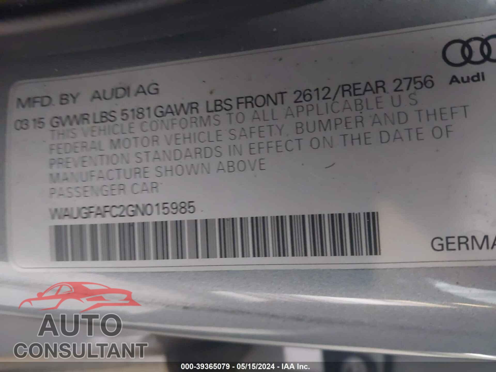 AUDI A6 2016 - WAUGFAFC2GN015985