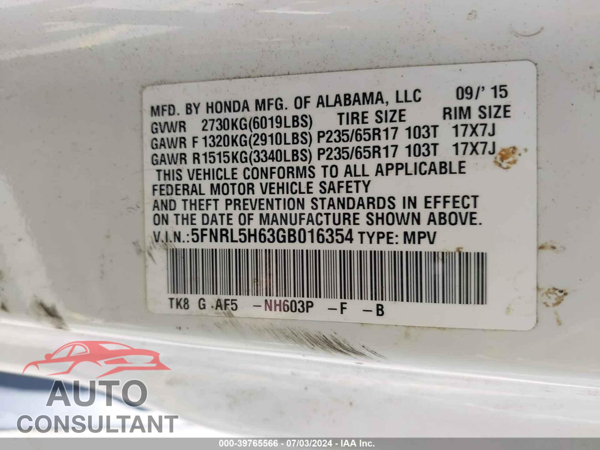 HONDA ODYSSEY 2016 - 5FNRL5H63GB016354