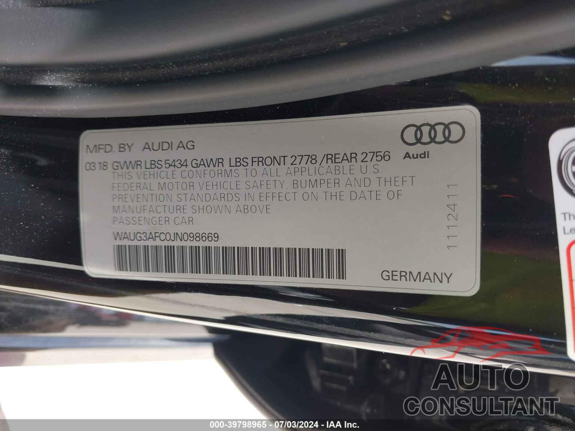 AUDI A6 2018 - WAUG3AFC0JN098669