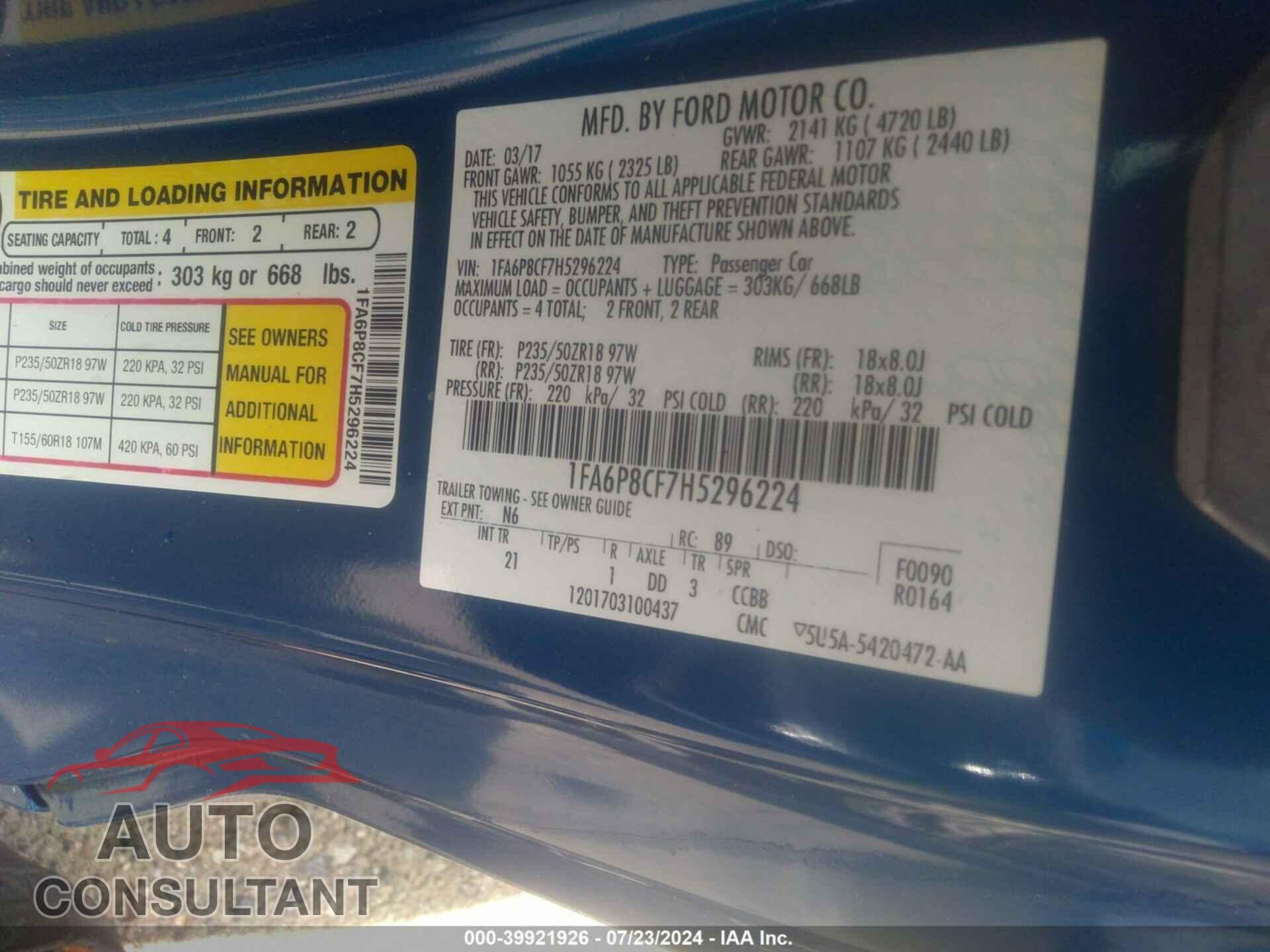 FORD MUSTANG 2017 - 1FA6P8CF7H5296224