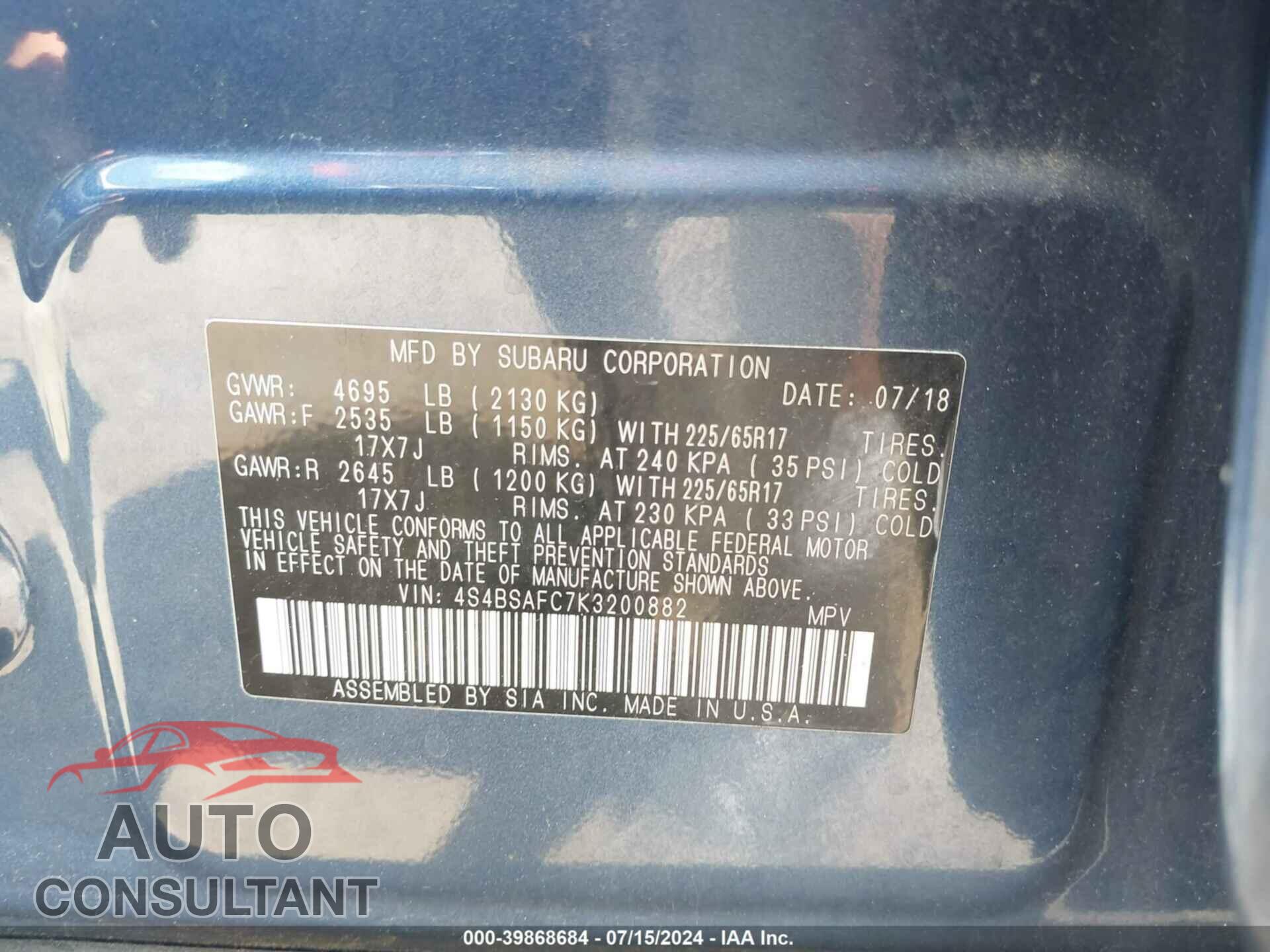 SUBARU OUTBACK 2019 - 4S4BSAFC7K3200882