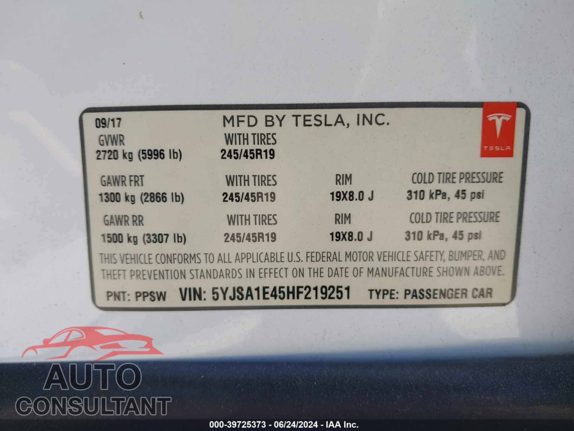 TESLA MODEL S 2017 - 5YJSA1E45HF219251