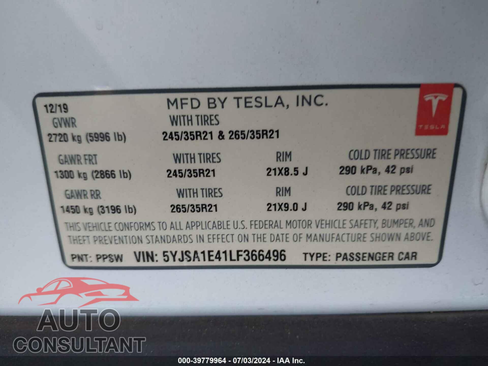 TESLA MODEL S 2020 - 5YJSA1E41LF366496