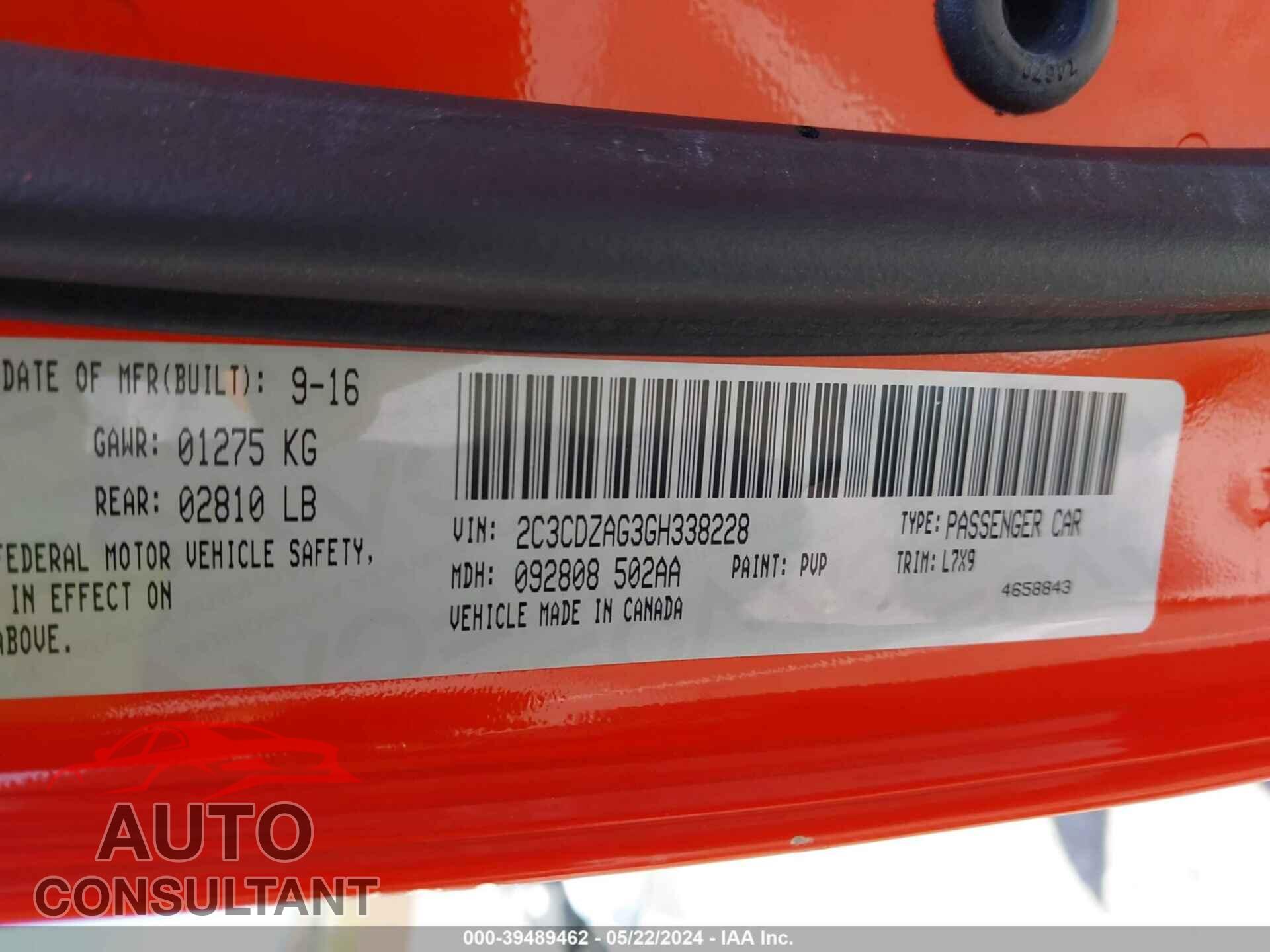 DODGE CHALLENGER 2016 - 2C3CDZAG3GH338228