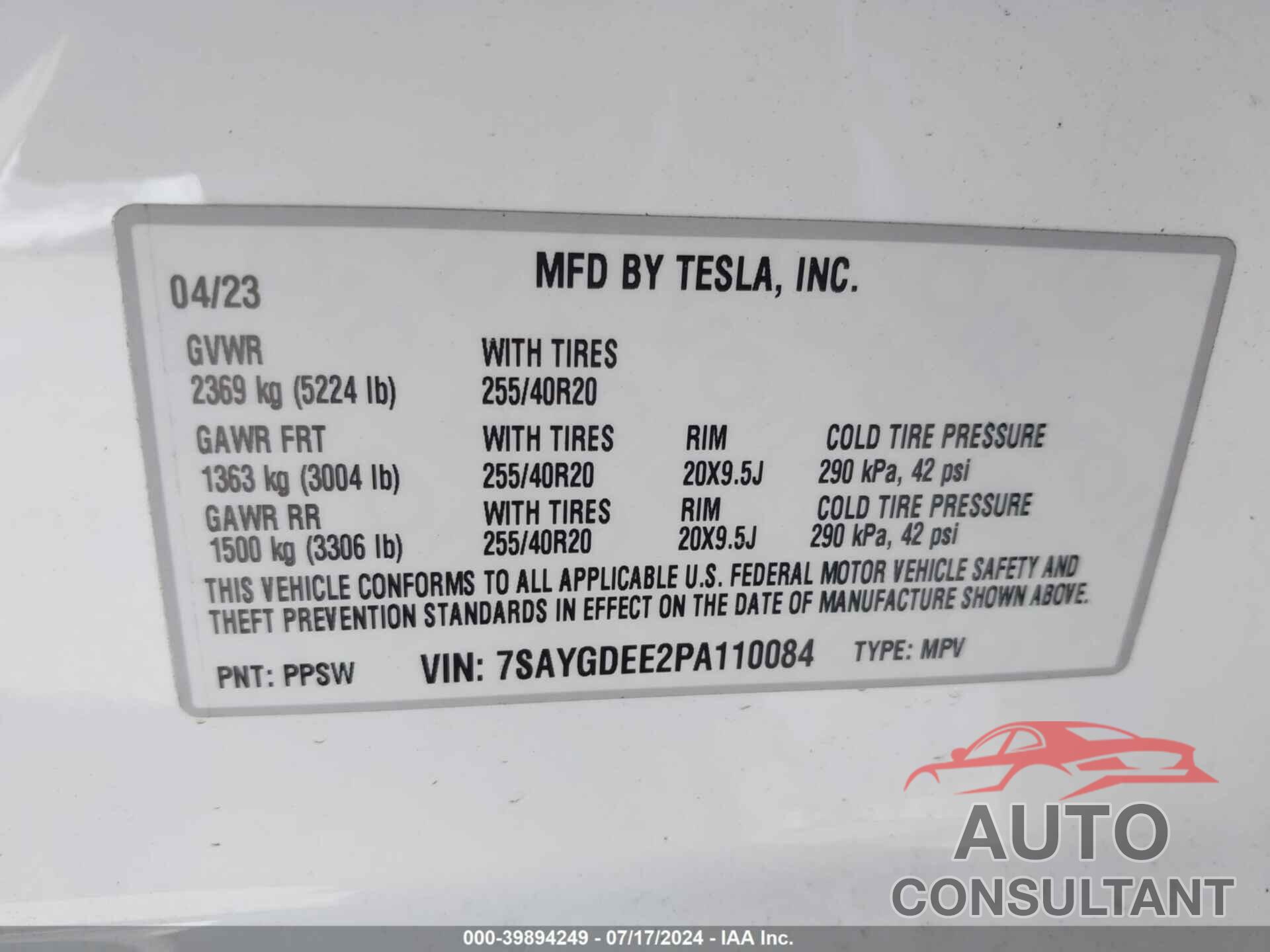 TESLA MODEL Y 2023 - 7SAYGDEE2PA110084
