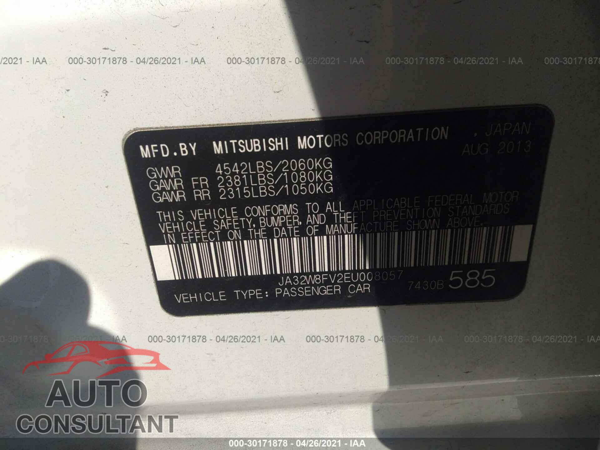 MITSUBISHI LANCER EVOLUTION 2014 - JA32W8FV2EU008057