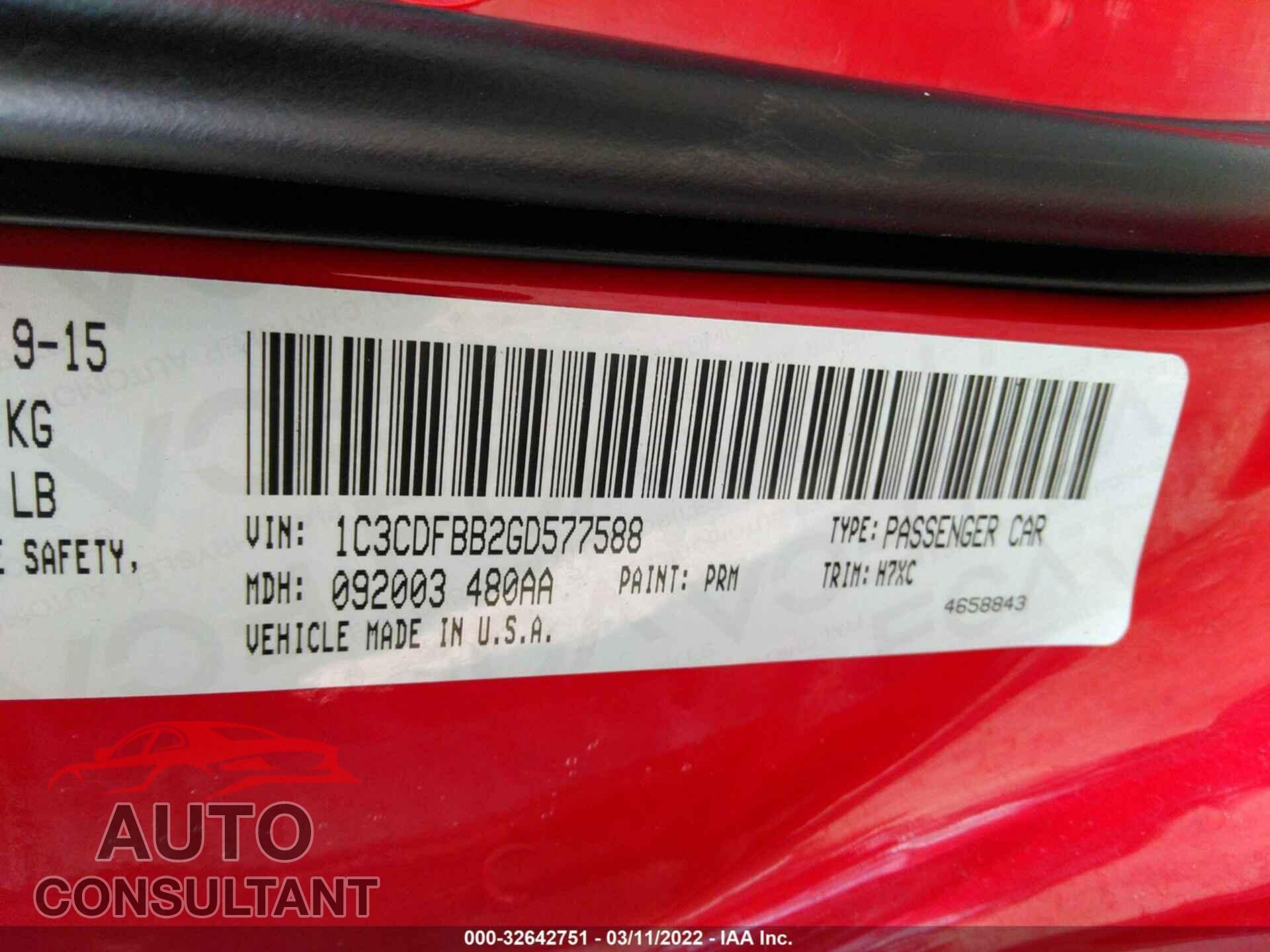 DODGE DART 2016 - 1C3CDFBB2GD577588