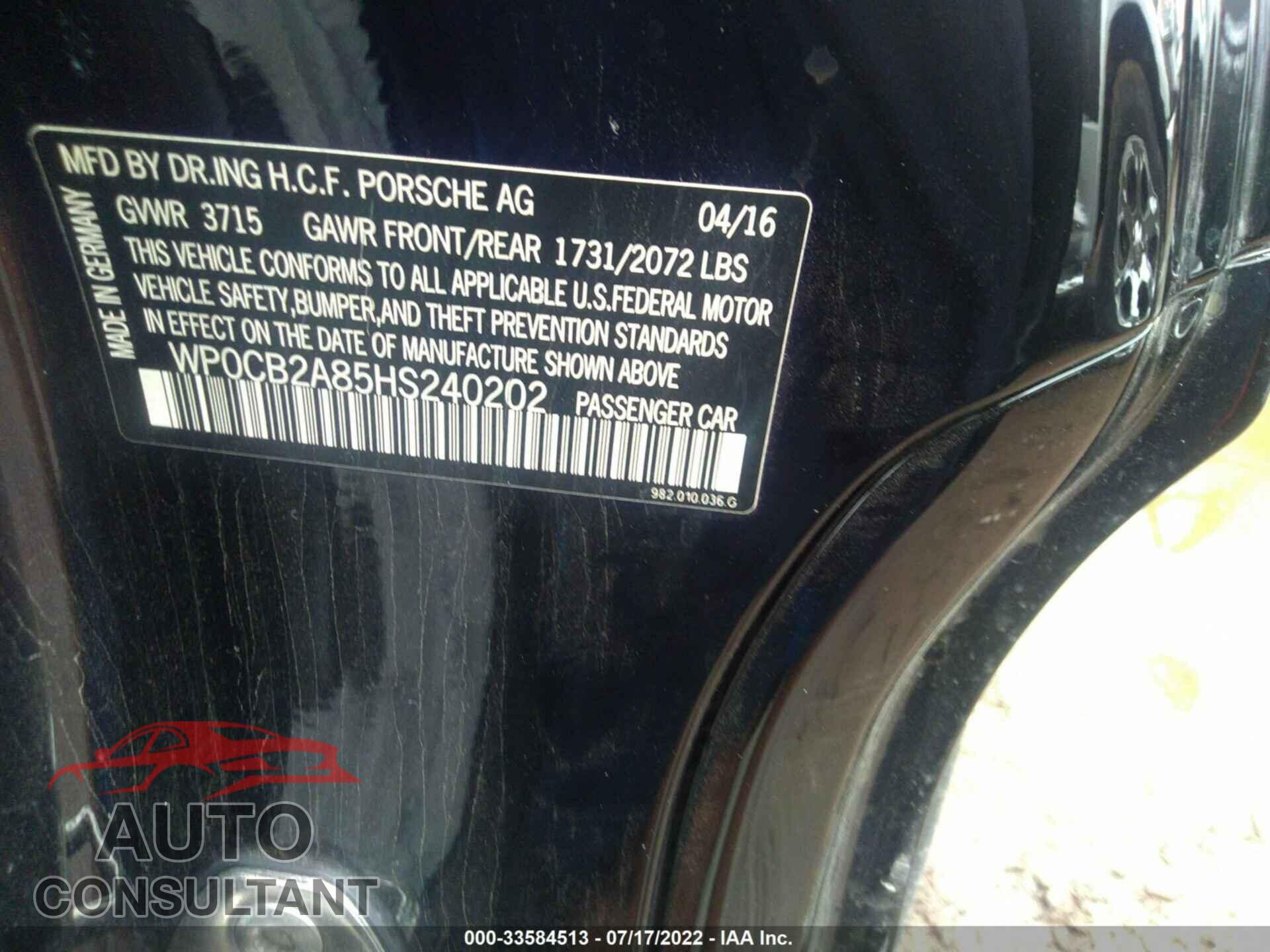 PORSCHE 718 BOXSTER 2017 - WP0CB2A85HS240202