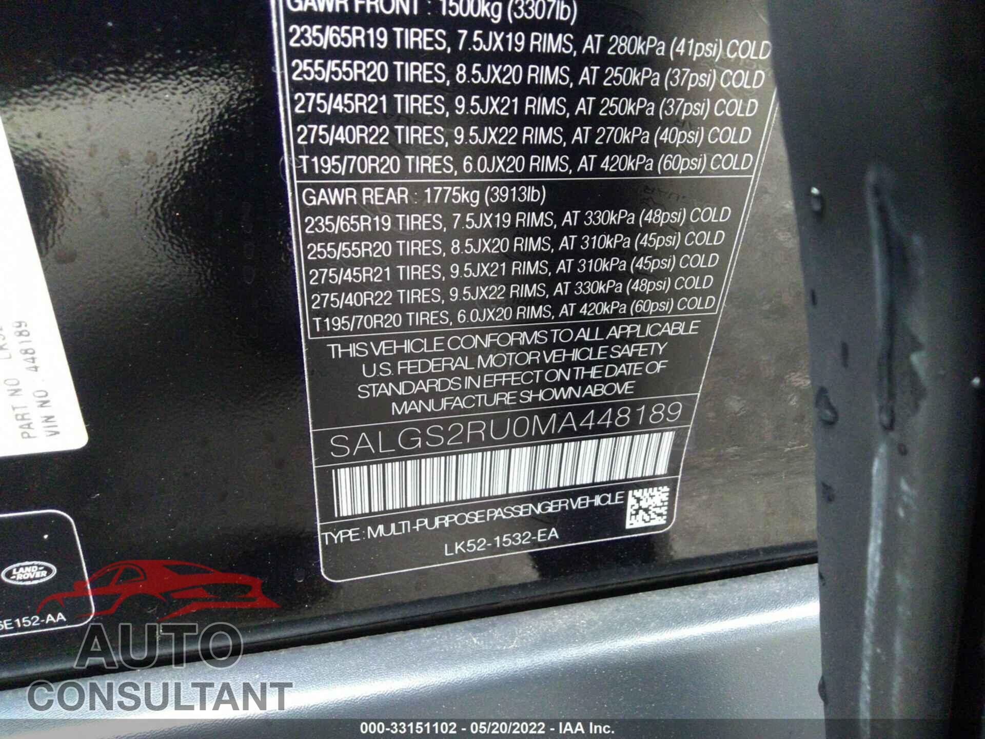 LAND ROVER RANGE ROVER 2021 - SALGS2RU0MA448189