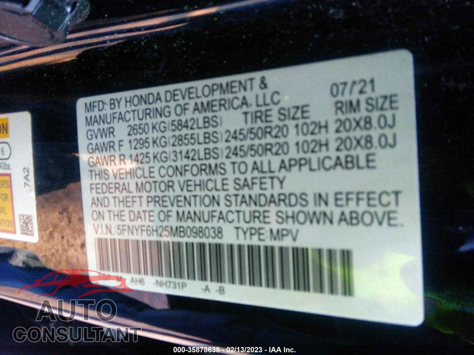 HONDA PILOT 2021 - 5FNYF6H25MB098038