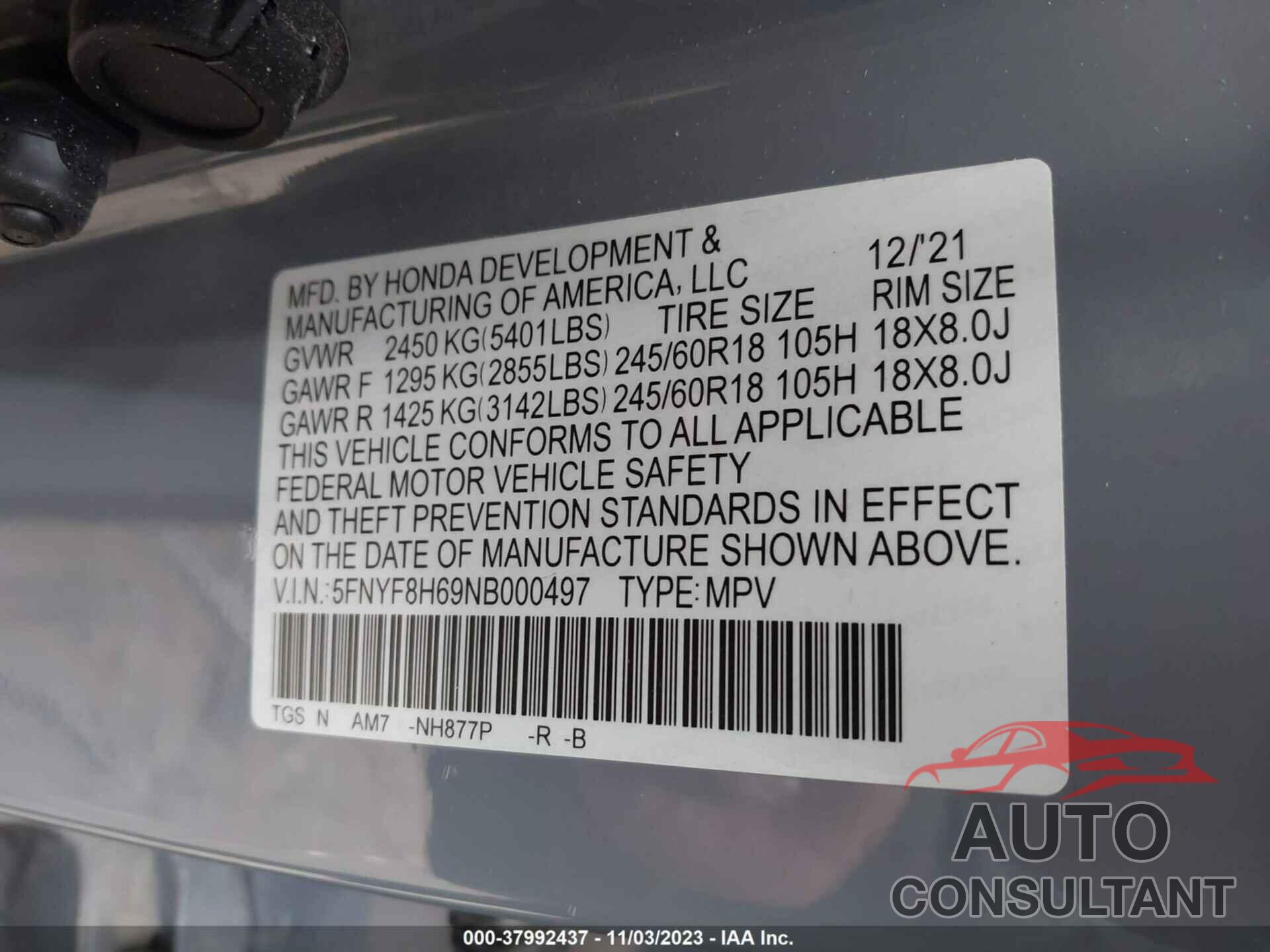 HONDA PASSPORT 2022 - 5FNYF8H69NB000497