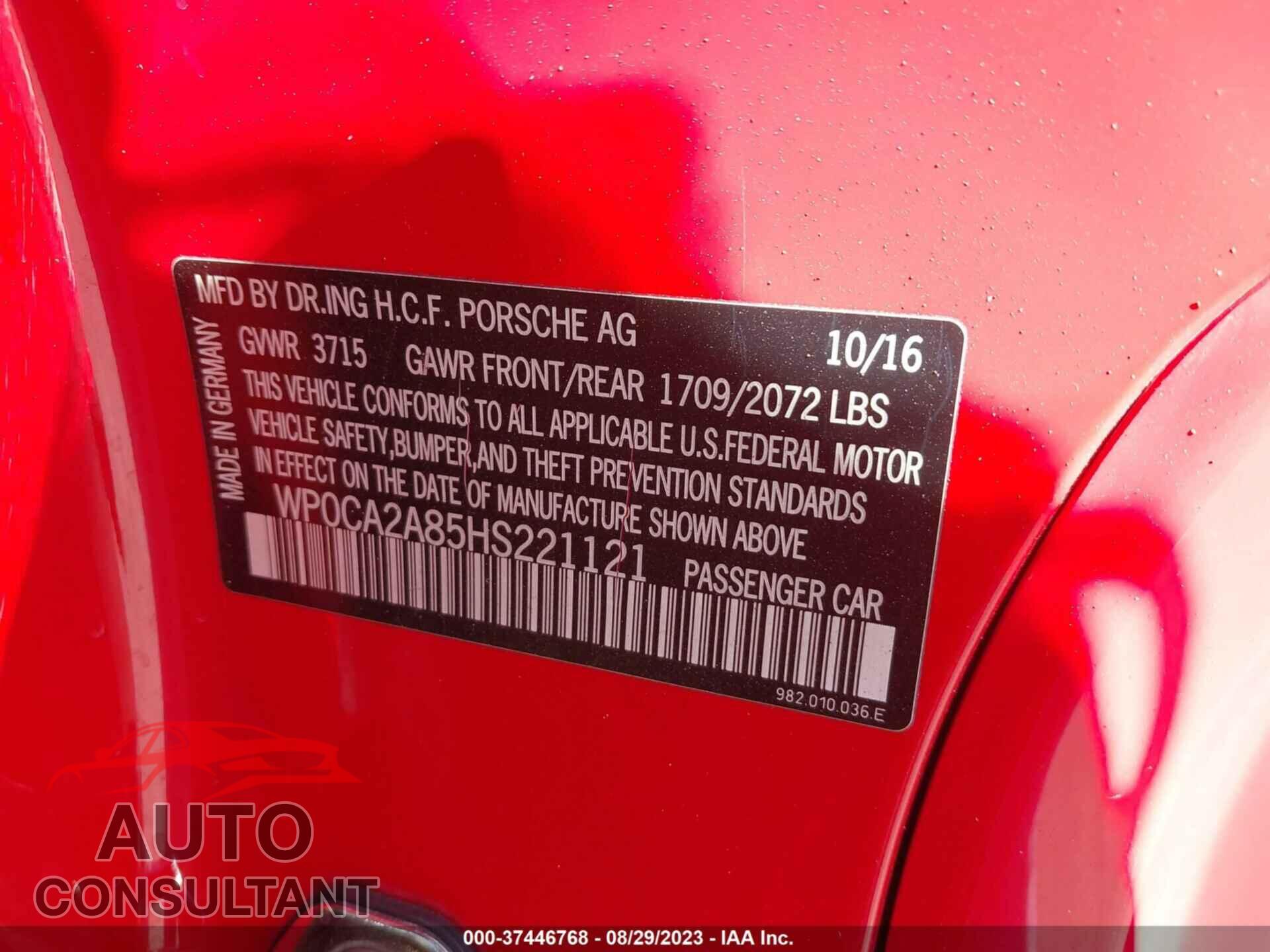 PORSCHE 718 BOXSTER 2017 - WP0CA2A85HS221121