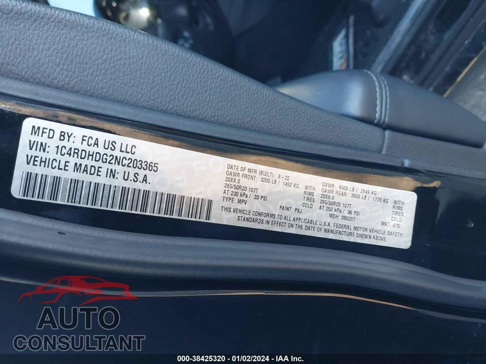 DODGE DURANGO 2022 - 1C4RDHDG2NC203365