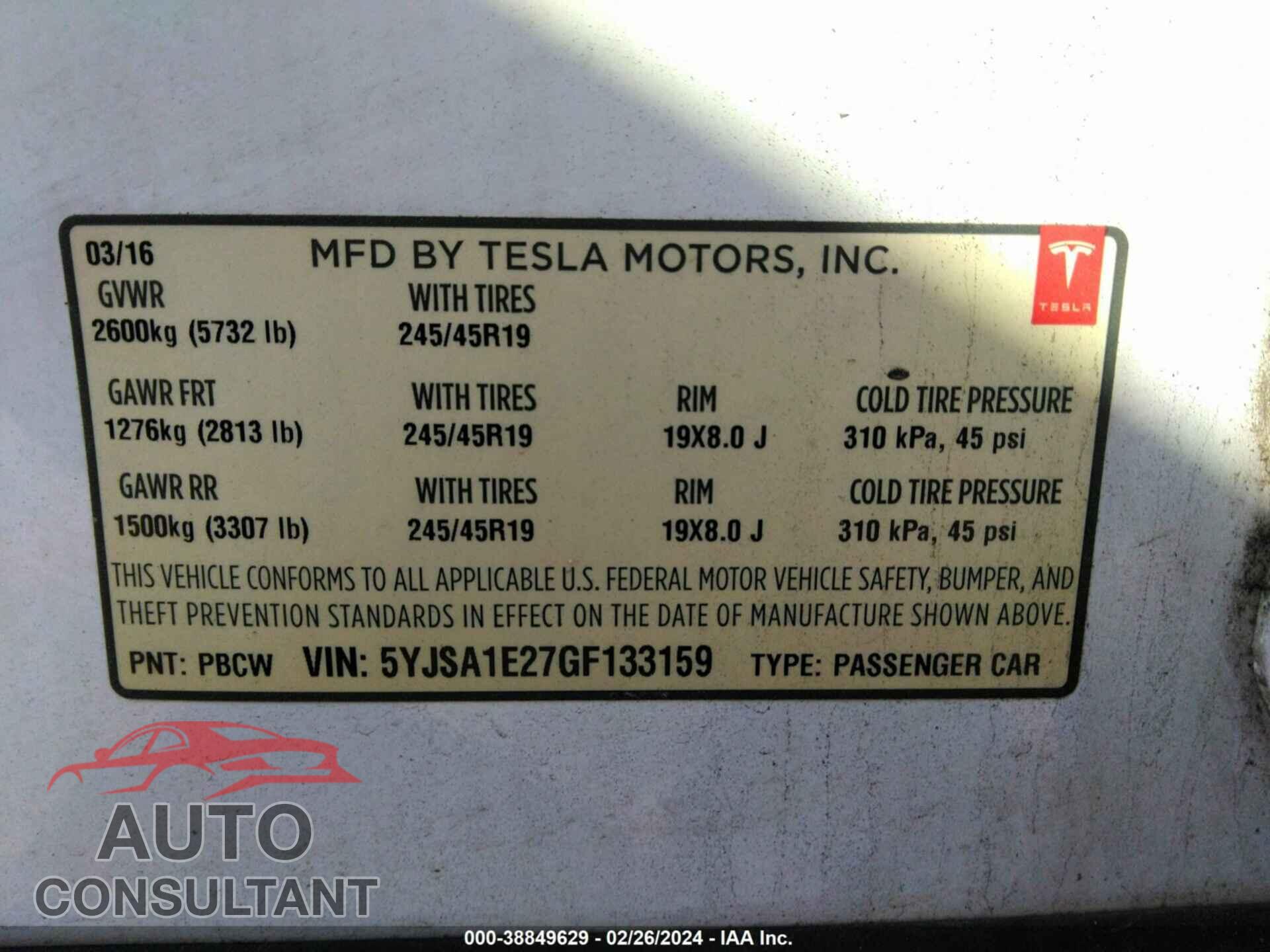 TESLA MODEL S 2016 - 5YJSA1E27GF133159