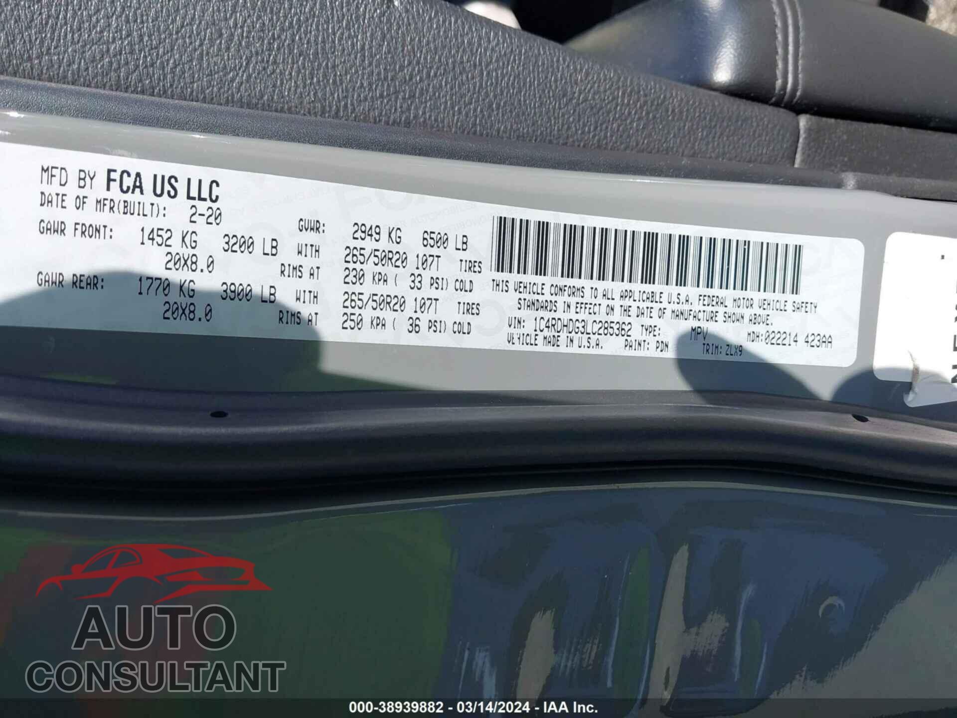 DODGE DURANGO 2020 - 1C4RDHDG3LC285362
