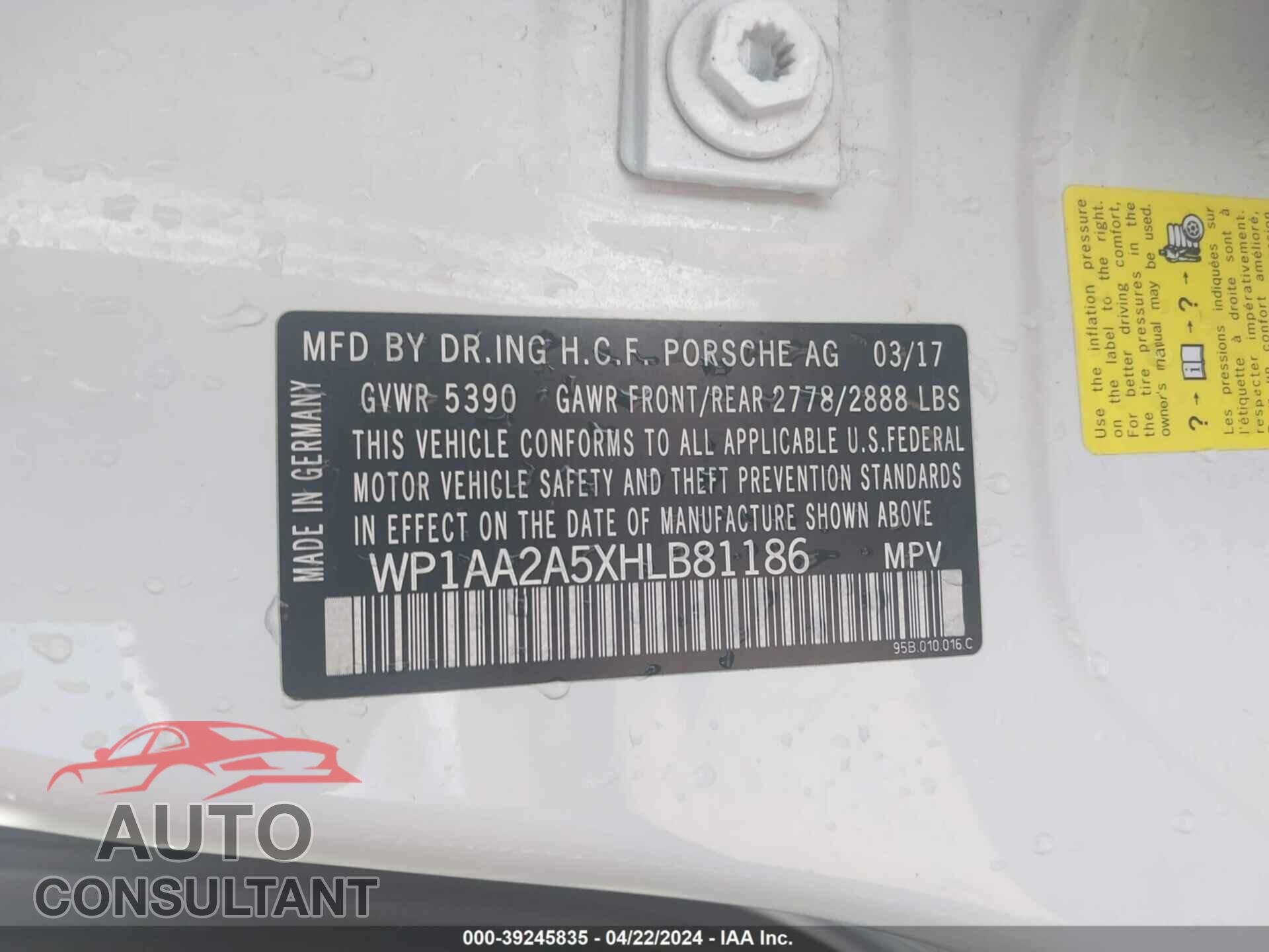 PORSCHE MACAN 2017 - WP1AA2A5XHLB81186