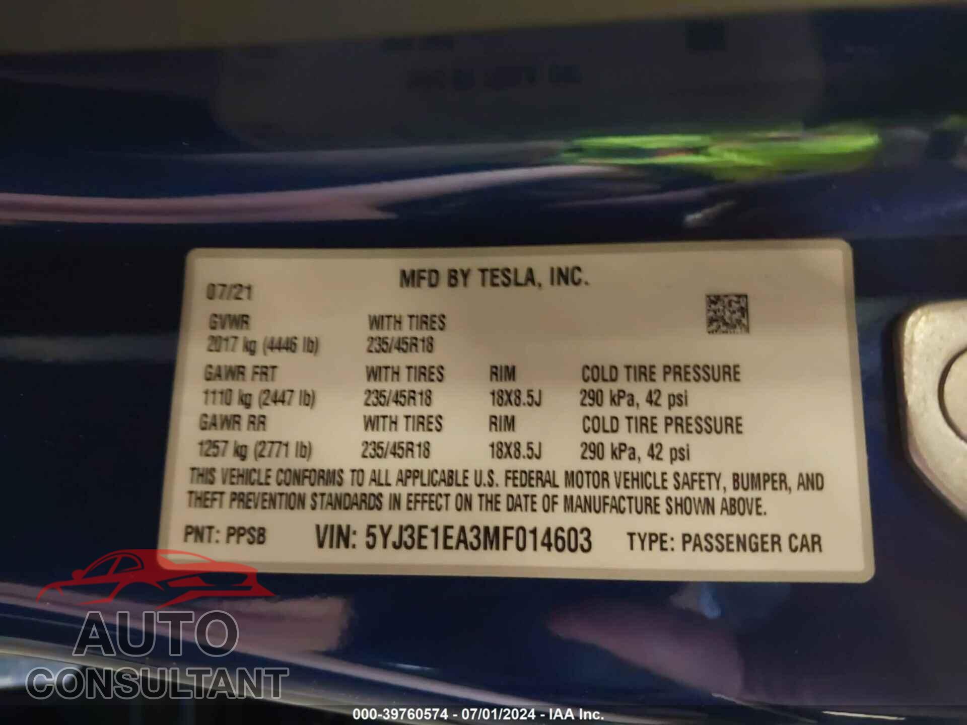 TESLA MODEL 3 2021 - 5YJ3E1EA3MF014603