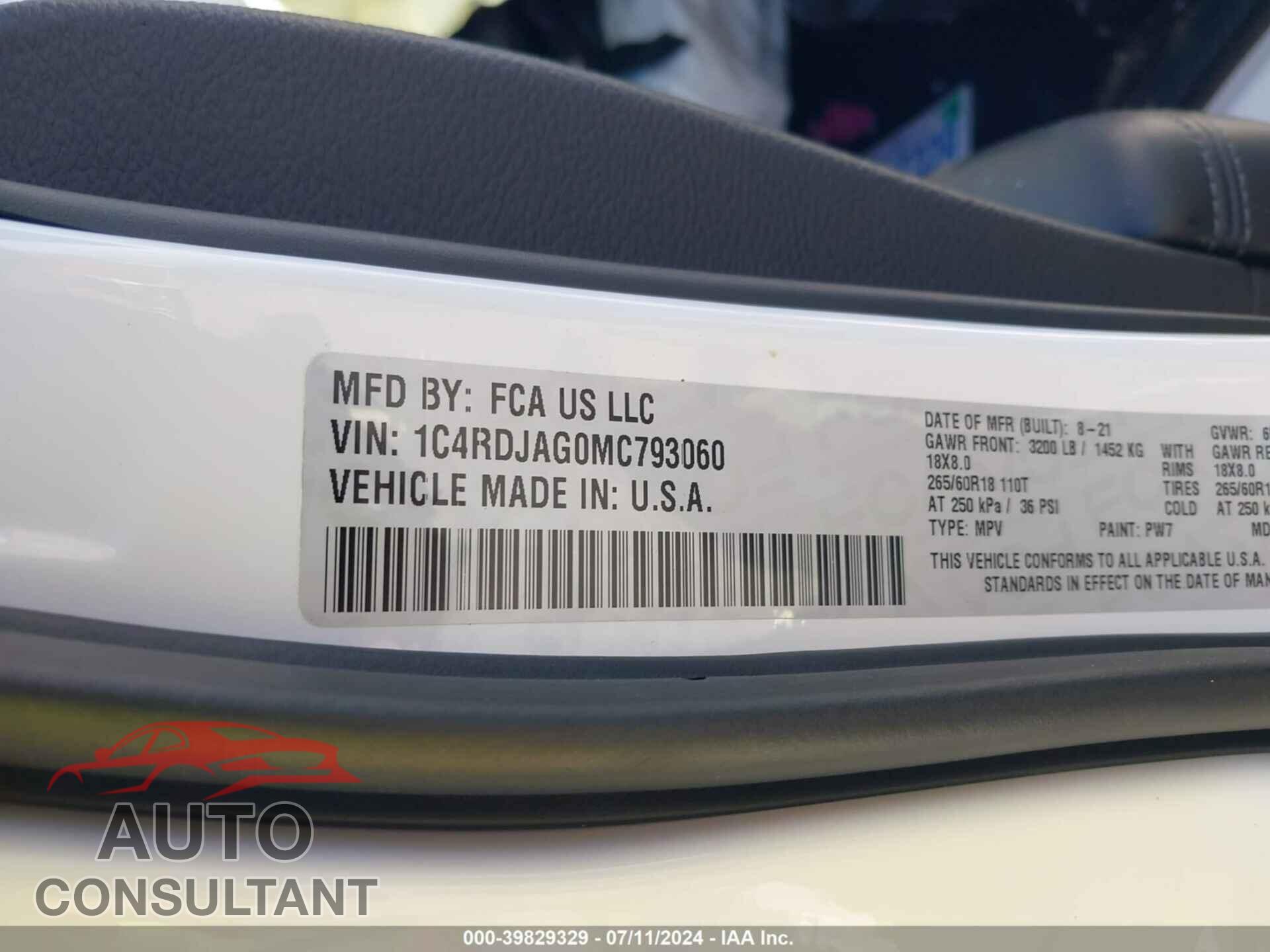DODGE DURANGO 2021 - 1C4RDJAG0MC793060