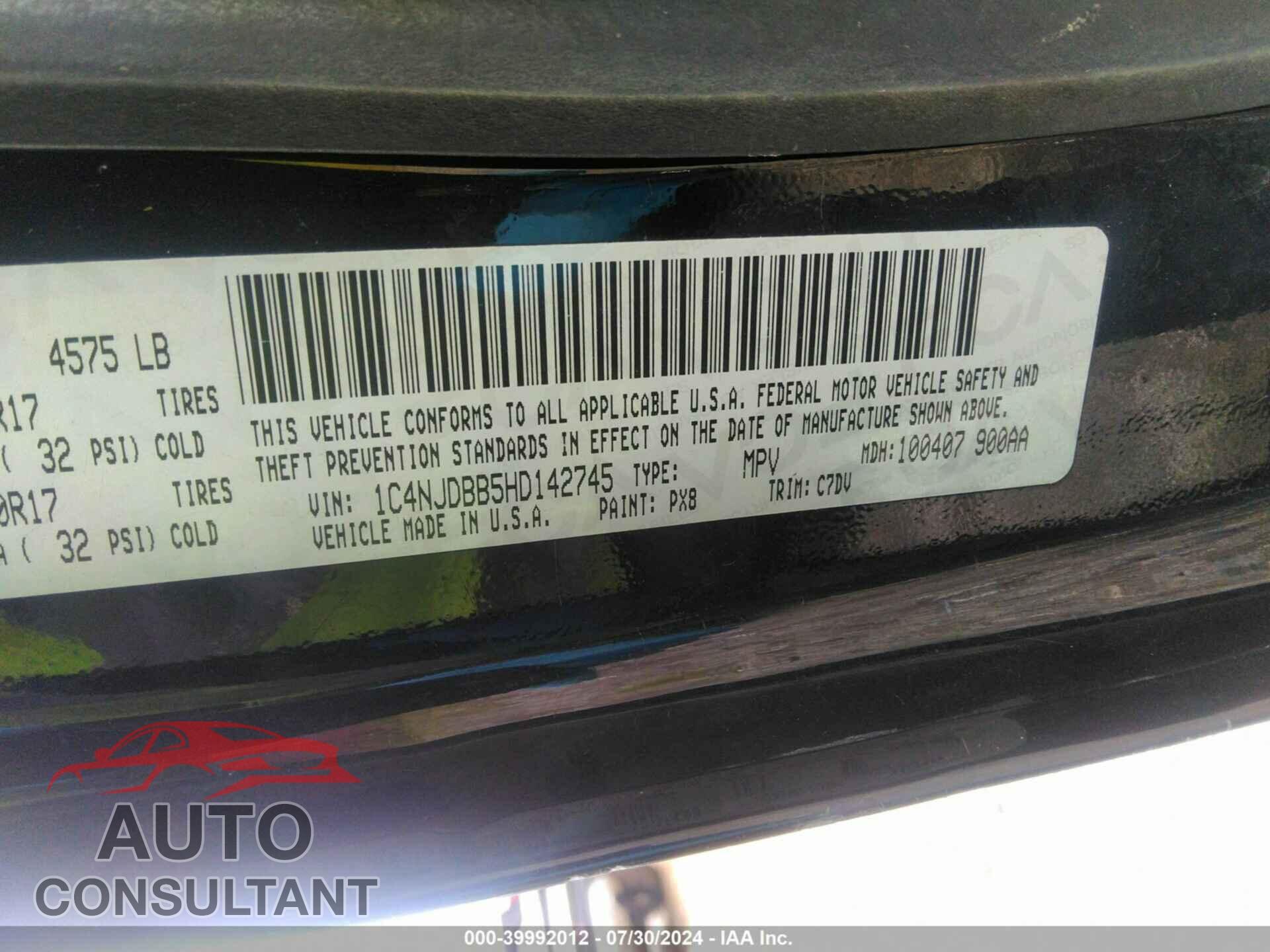 JEEP COMPASS 2017 - 1C4NJDBB5HD142745