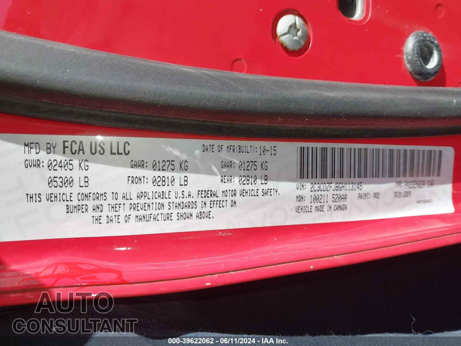 DODGE CHALLENGER 2016 - 2C3CDZFJ8GH113145