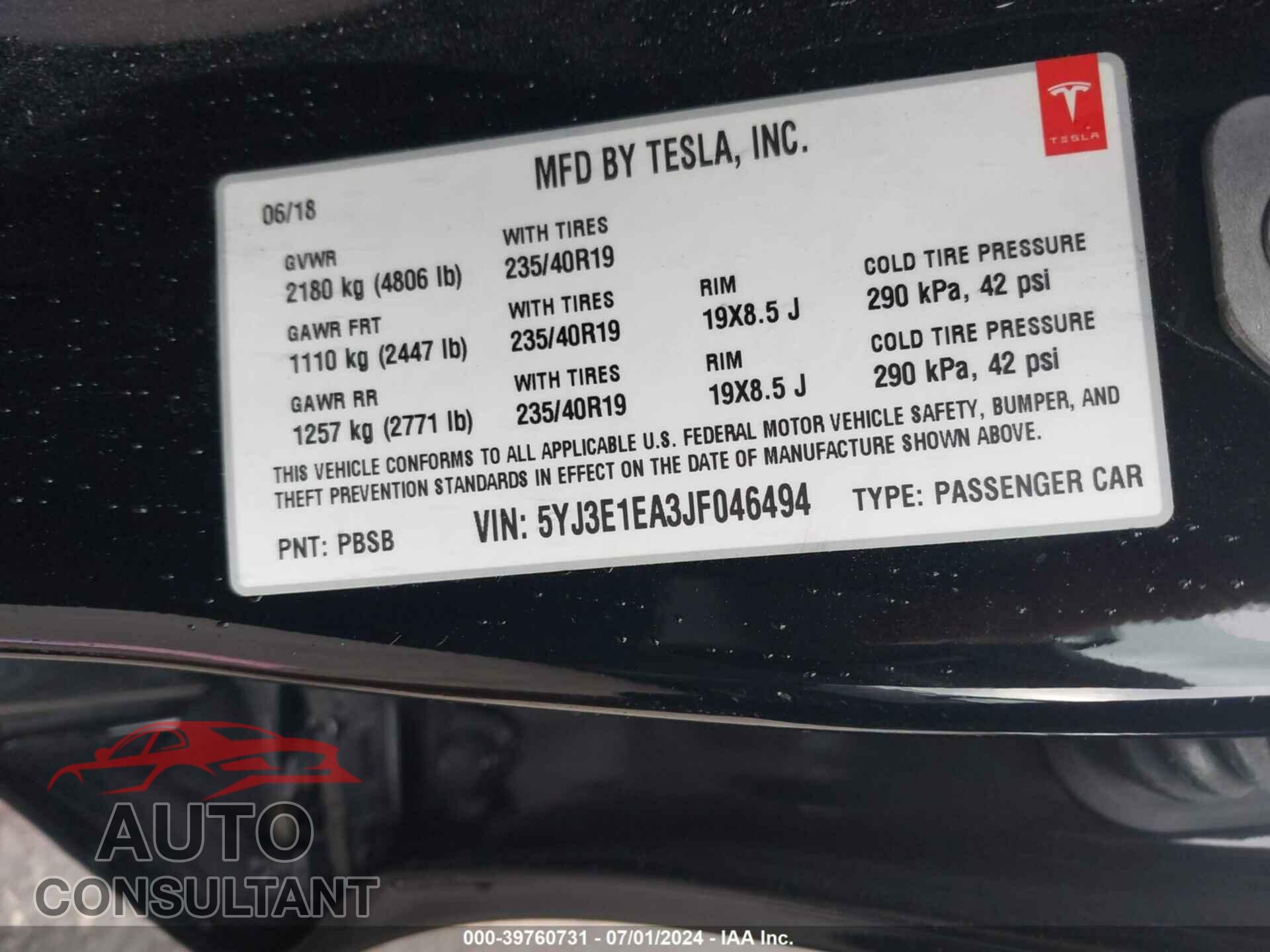 TESLA MODEL 3 2018 - 5YJ3E1EA3JF046494