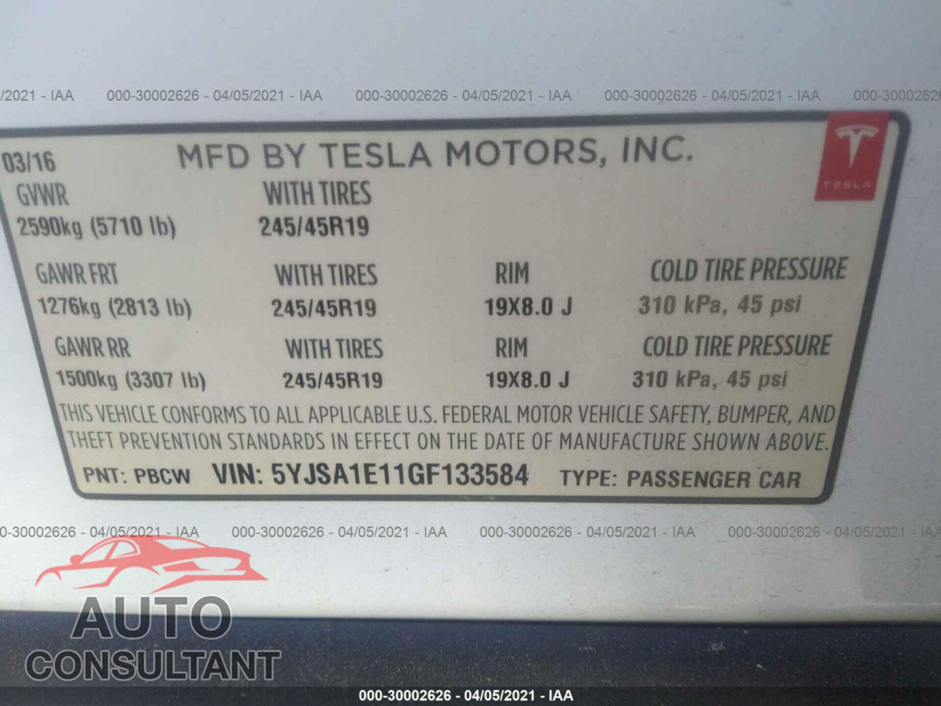 TESLA MODEL S 2016 - 5YJSA1E11GF133584