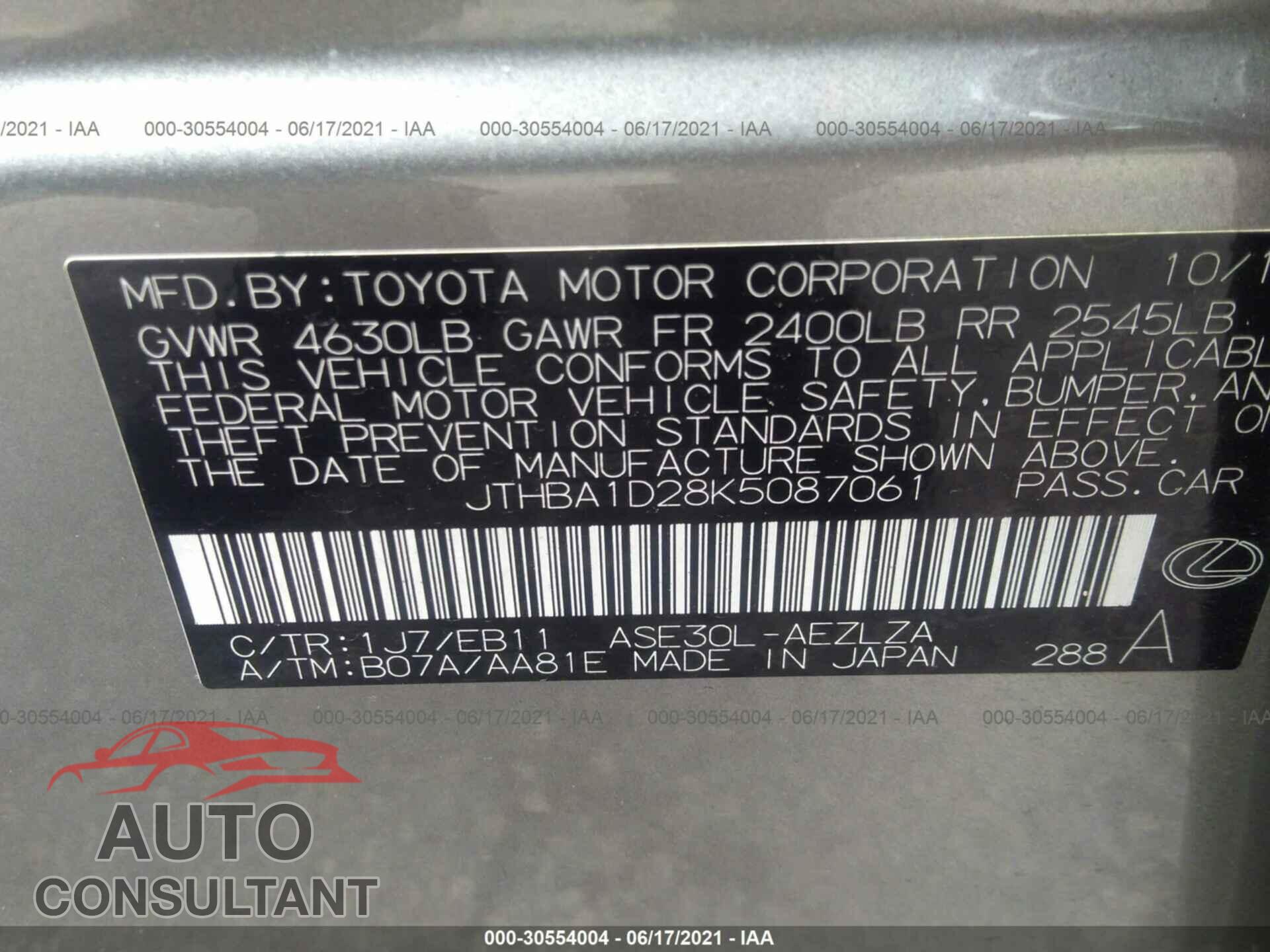 LEXUS IS 2019 - JTHBA1D28K5087061