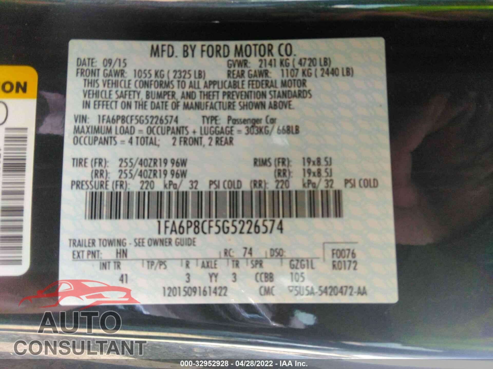 FORD MUSTANG 2016 - 1FA6P8CF5G5226574