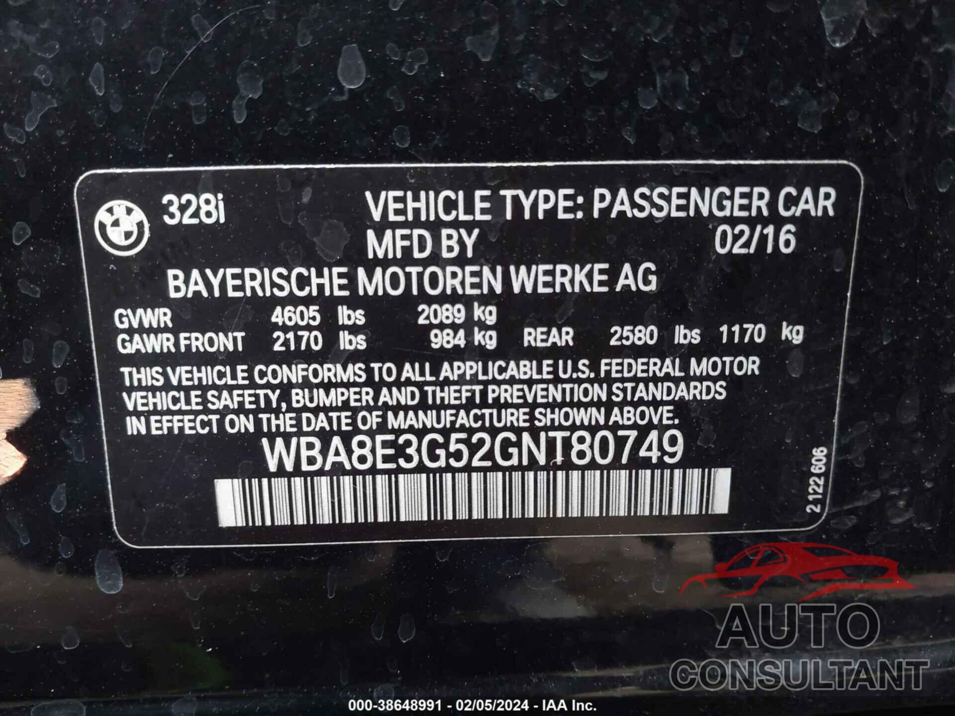 BMW 328I 2016 - WBA8E3G52GNT80749