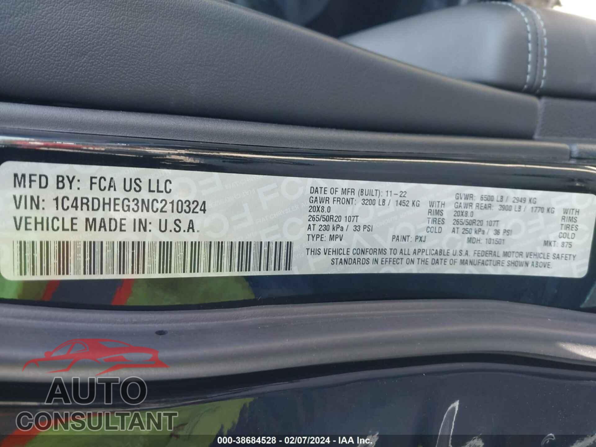 DODGE DURANGO 2022 - 1C4RDHEG3NC210324