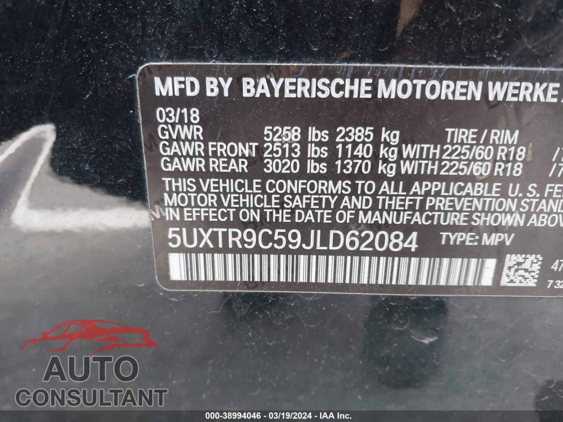 BMW X3 2018 - 5UXTR9C59JLD62084