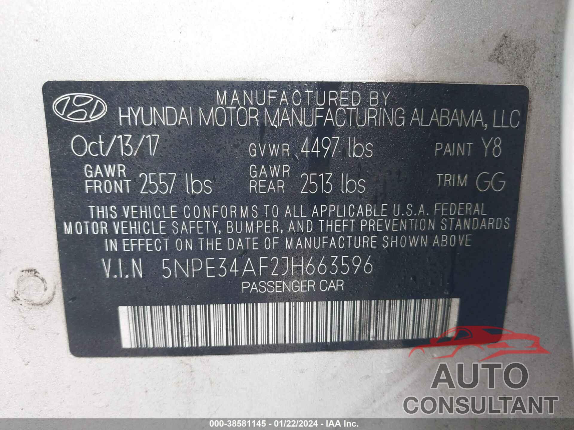 HYUNDAI SONATA 2018 - 5NPE34AF2JH663596