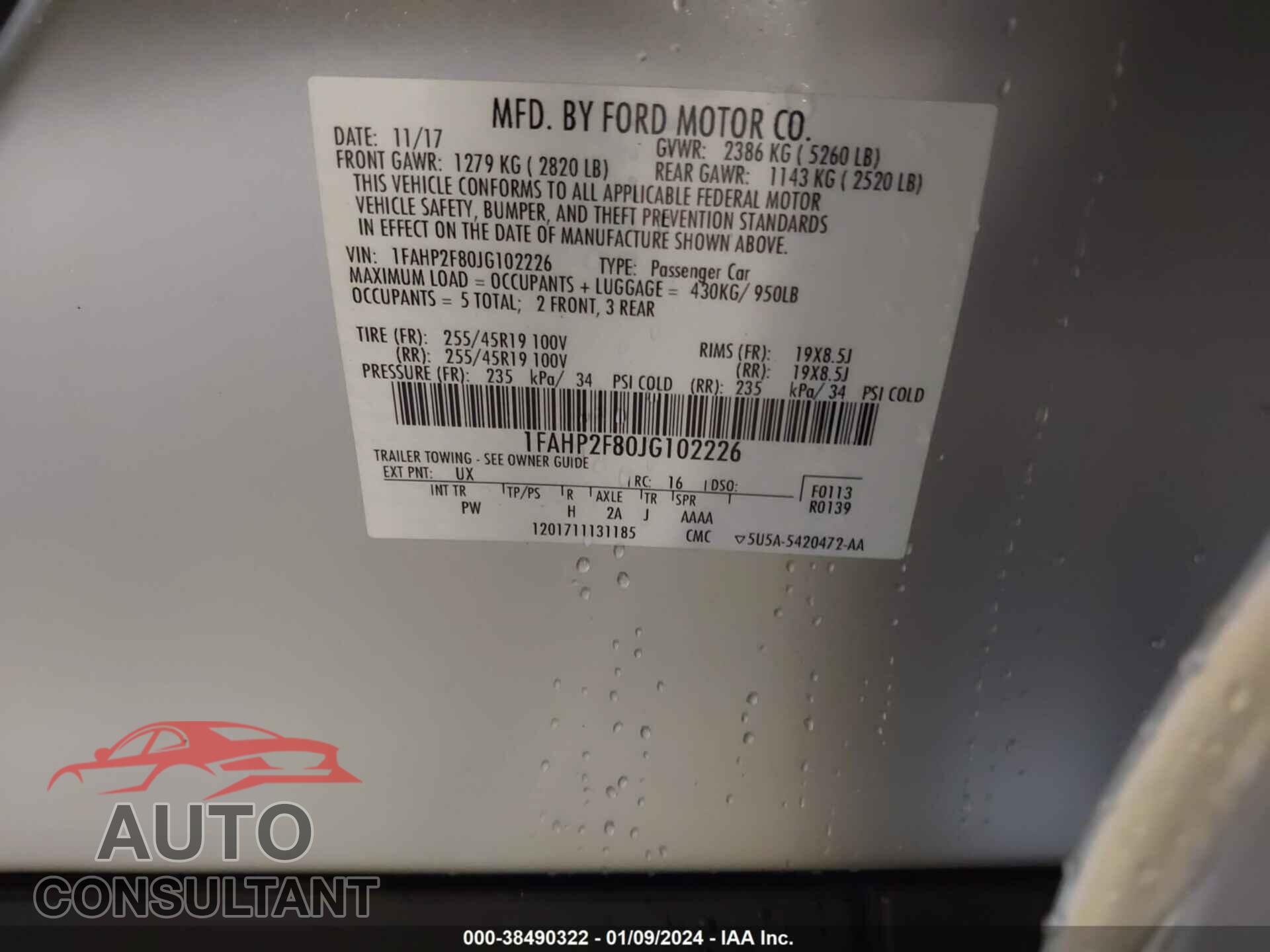 FORD TAURUS 2018 - 1FAHP2F80JG102226