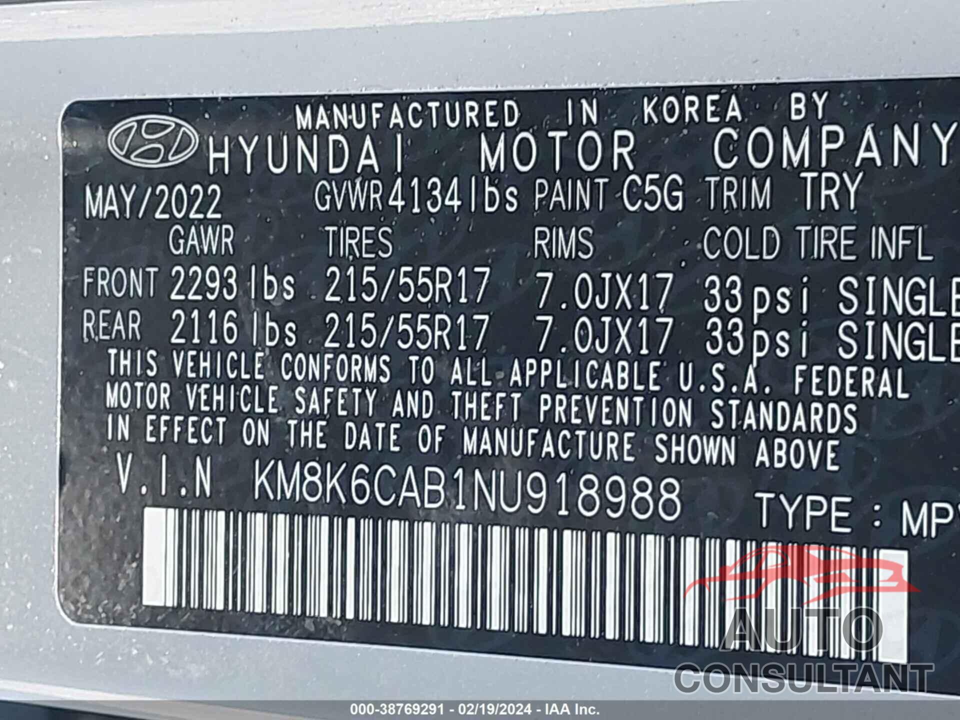 HYUNDAI KONA 2022 - KM8K6CAB1NU918988