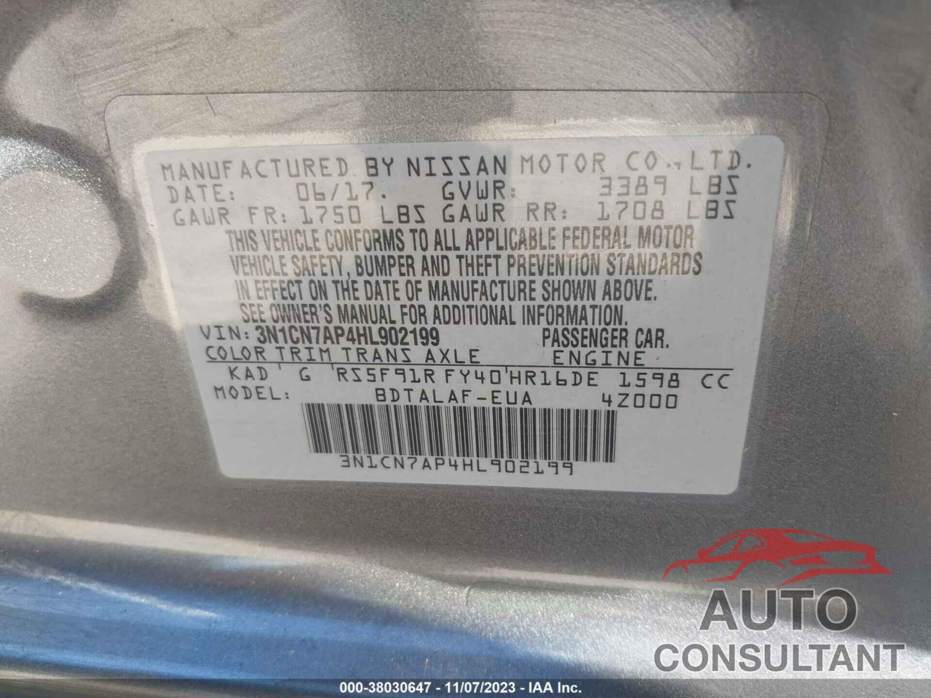 NISSAN VERSA SEDAN 2017 - 3N1CN7AP4HL902199