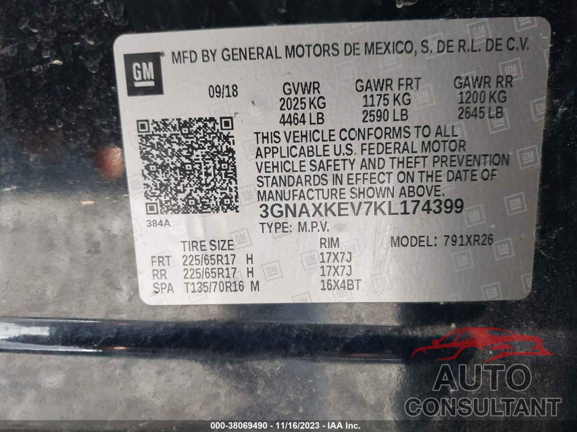 CHEVROLET EQUINOX 2019 - 3GNAXKEV7KL174399