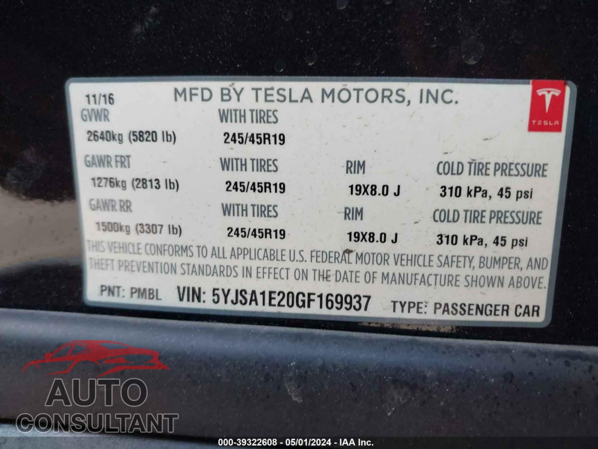 TESLA MODEL S 2016 - 5YJSA1E20GF169937