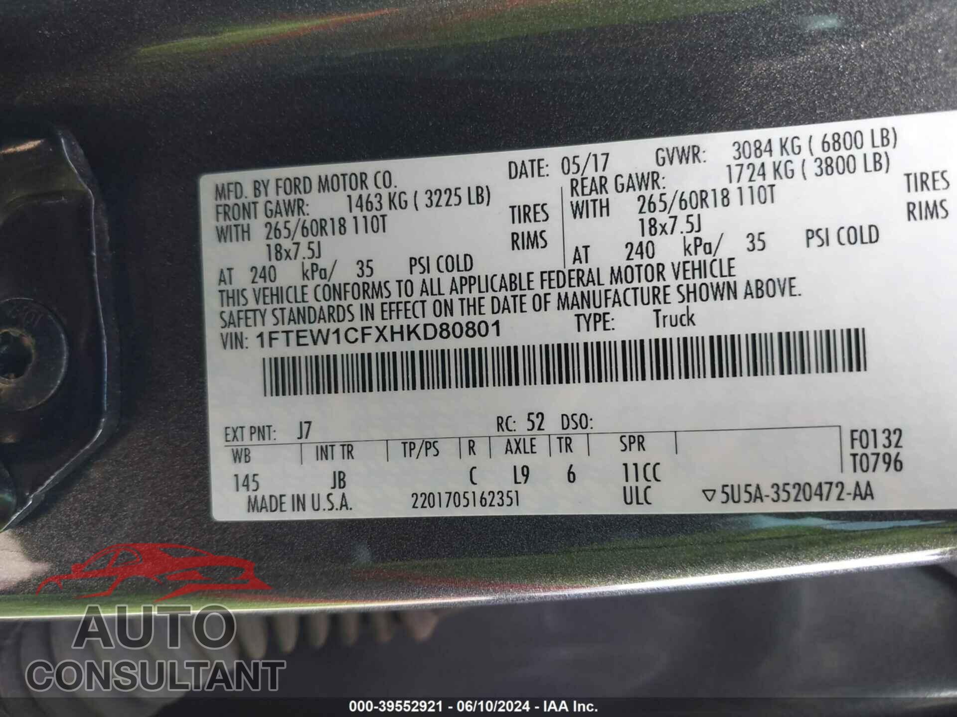 FORD F-150 2017 - 1FTEW1CFXHKD80801