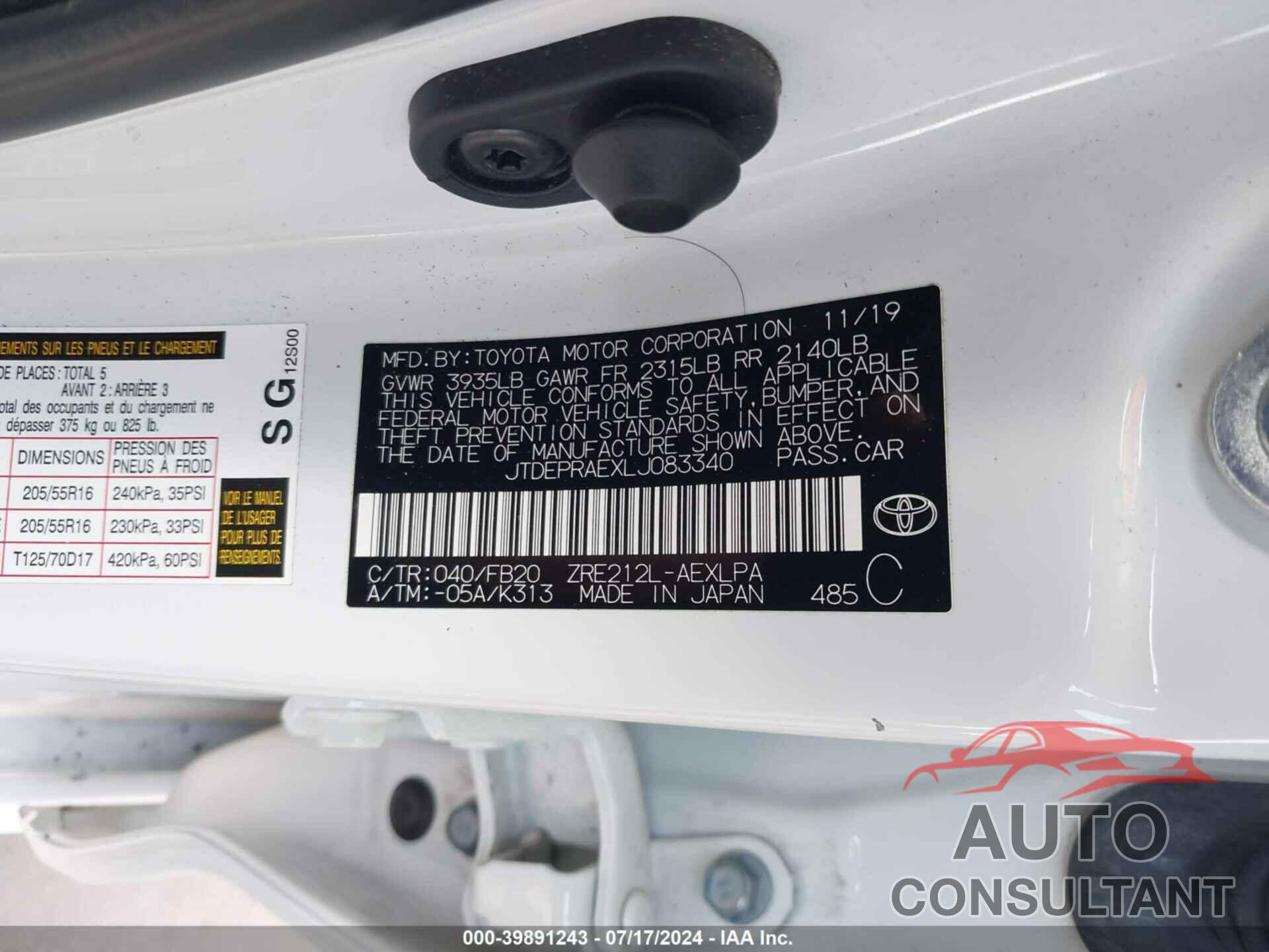 TOYOTA COROLLA 2020 - JTDEPRAEXLJ083340