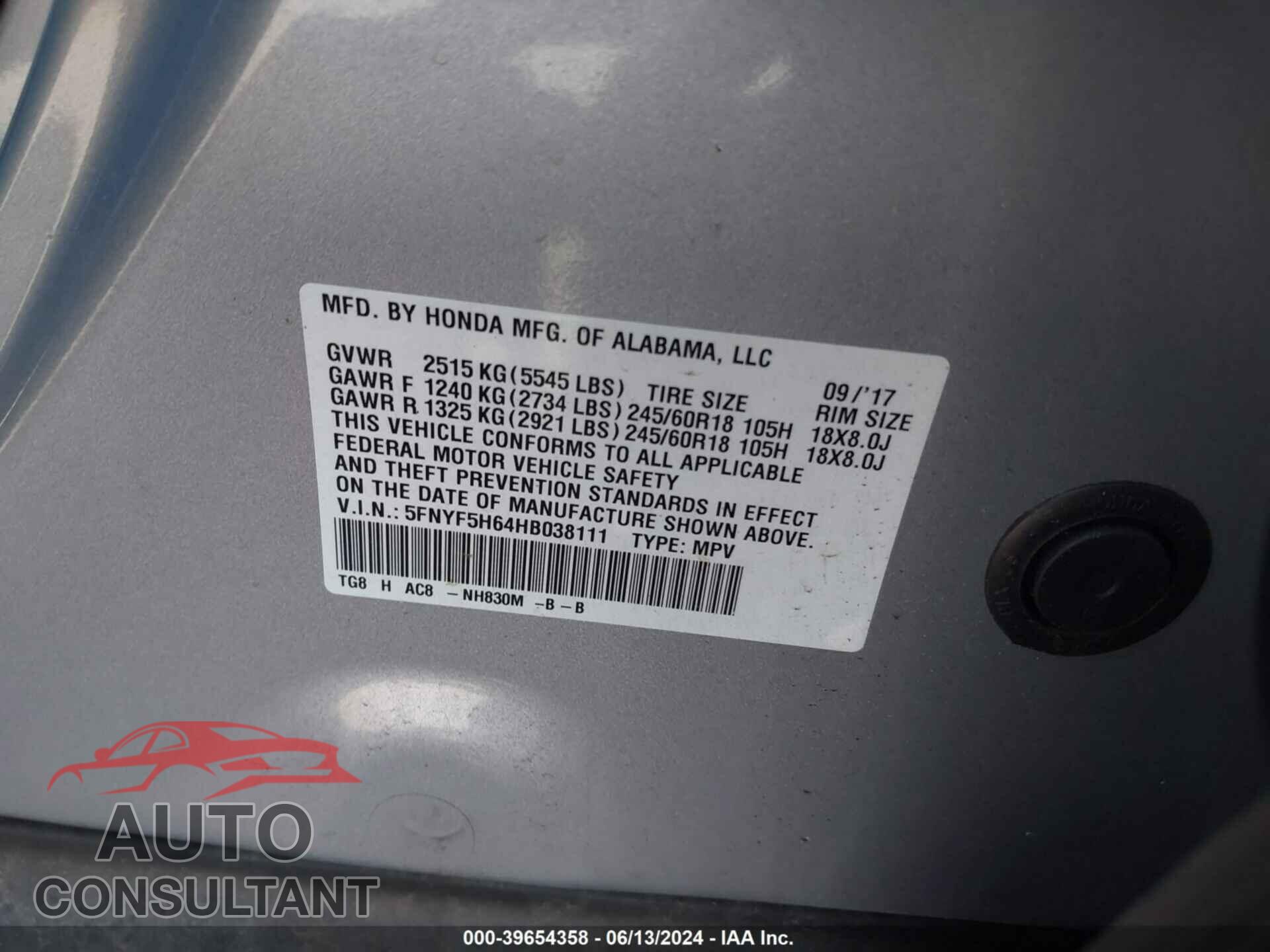 HONDA PILOT 2017 - 5FNYF5H64HB038111