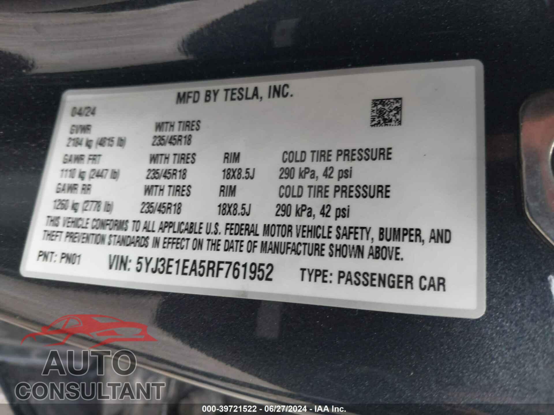 TESLA MODEL 3 2024 - 5YJ3E1EA5RF761952