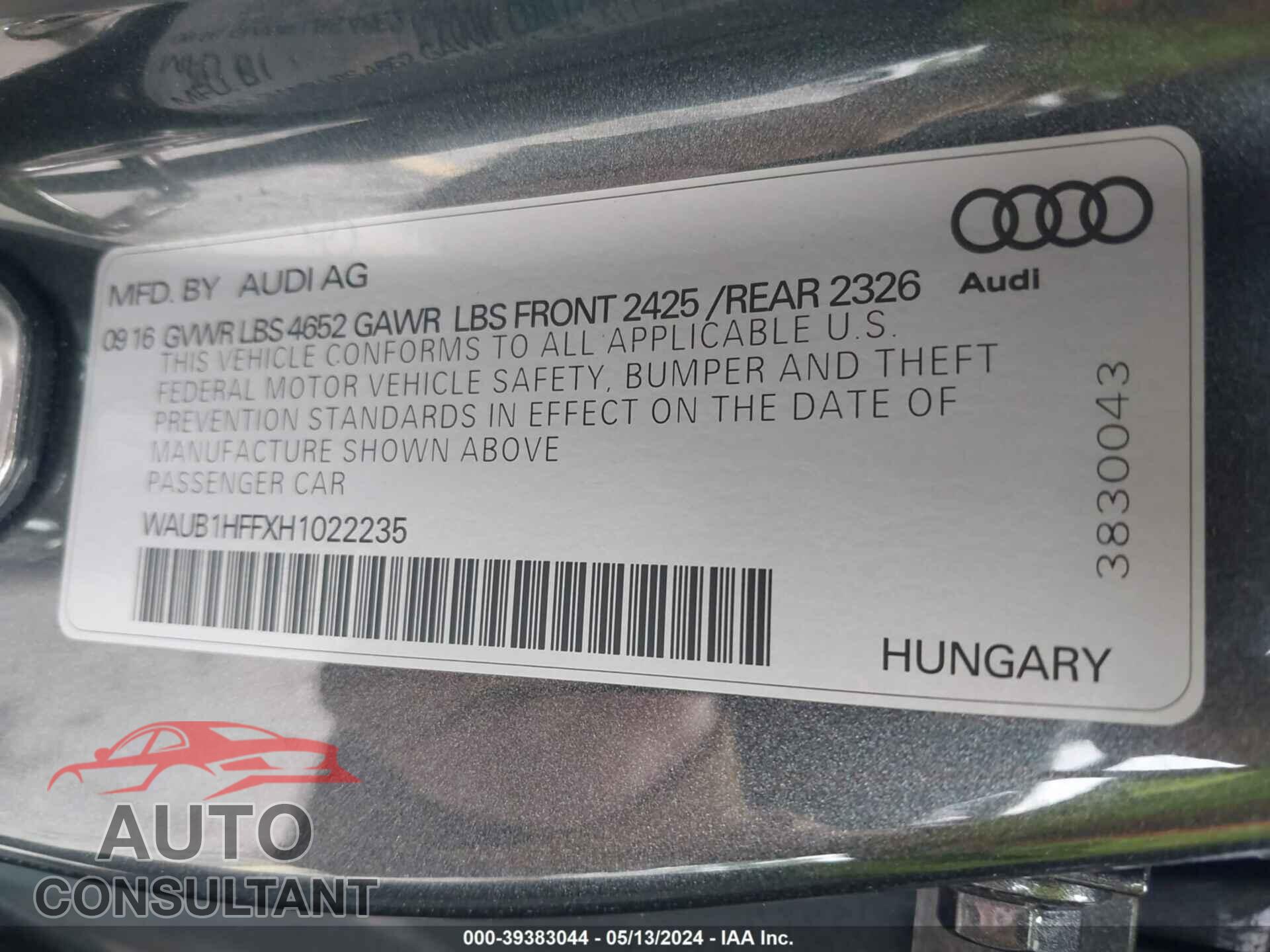 AUDI S3 2017 - WAUB1HFFXH1022235