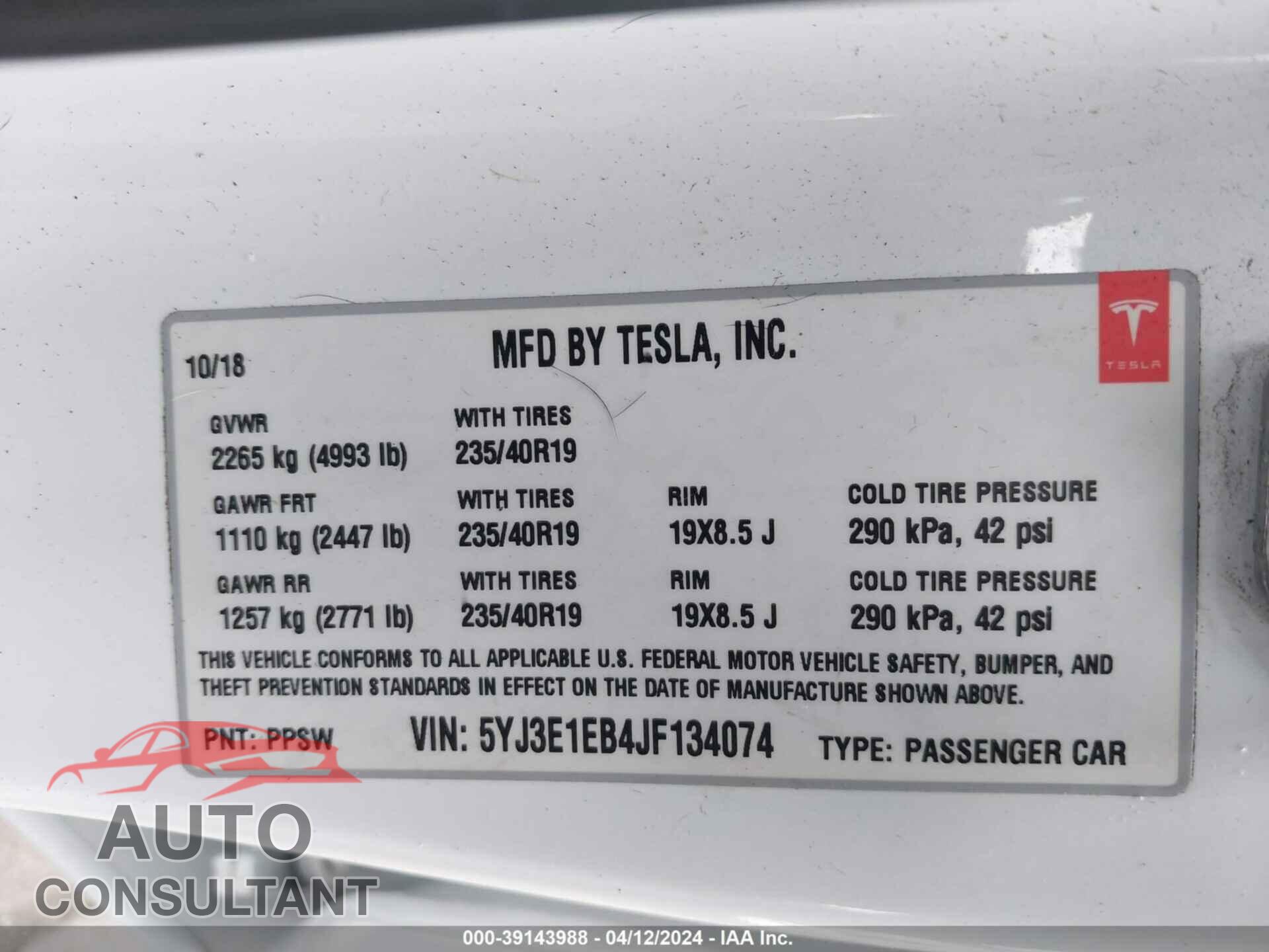 TESLA MODEL 3 2018 - 5YJ3E1EB4JF134074