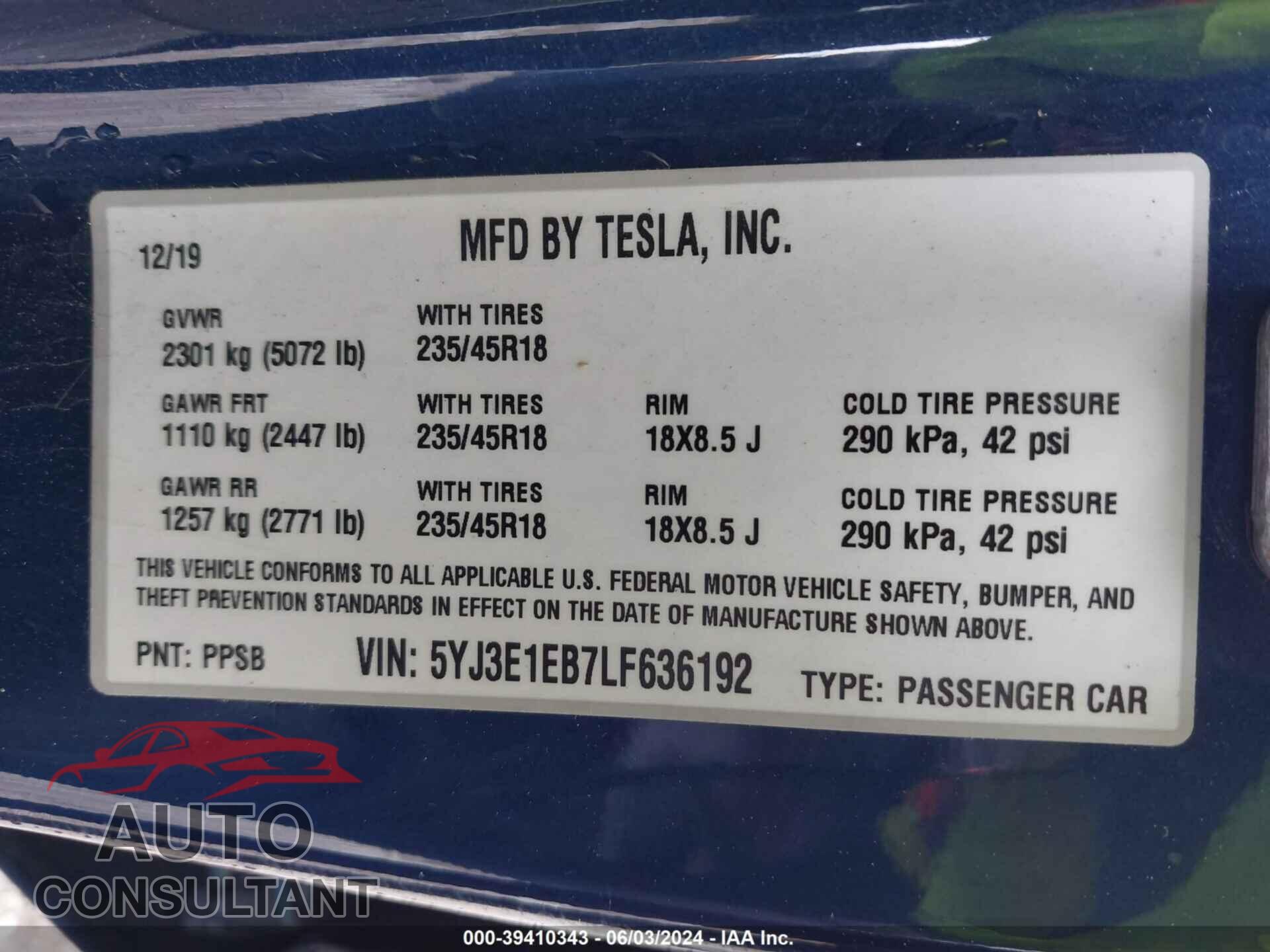 TESLA MODEL 3 2020 - 5YJ3E1EB7LF636192
