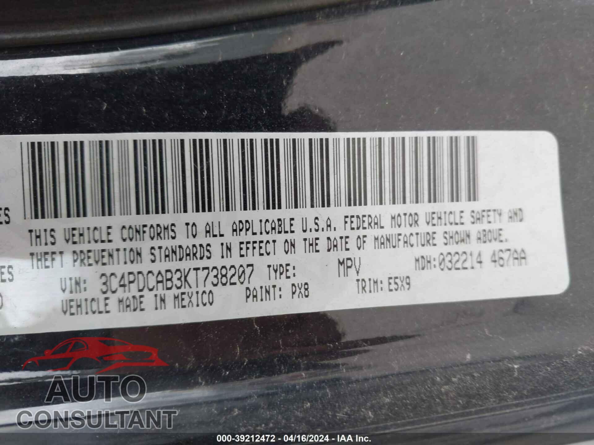 DODGE JOURNEY 2019 - 3C4PDCAB3KT738207