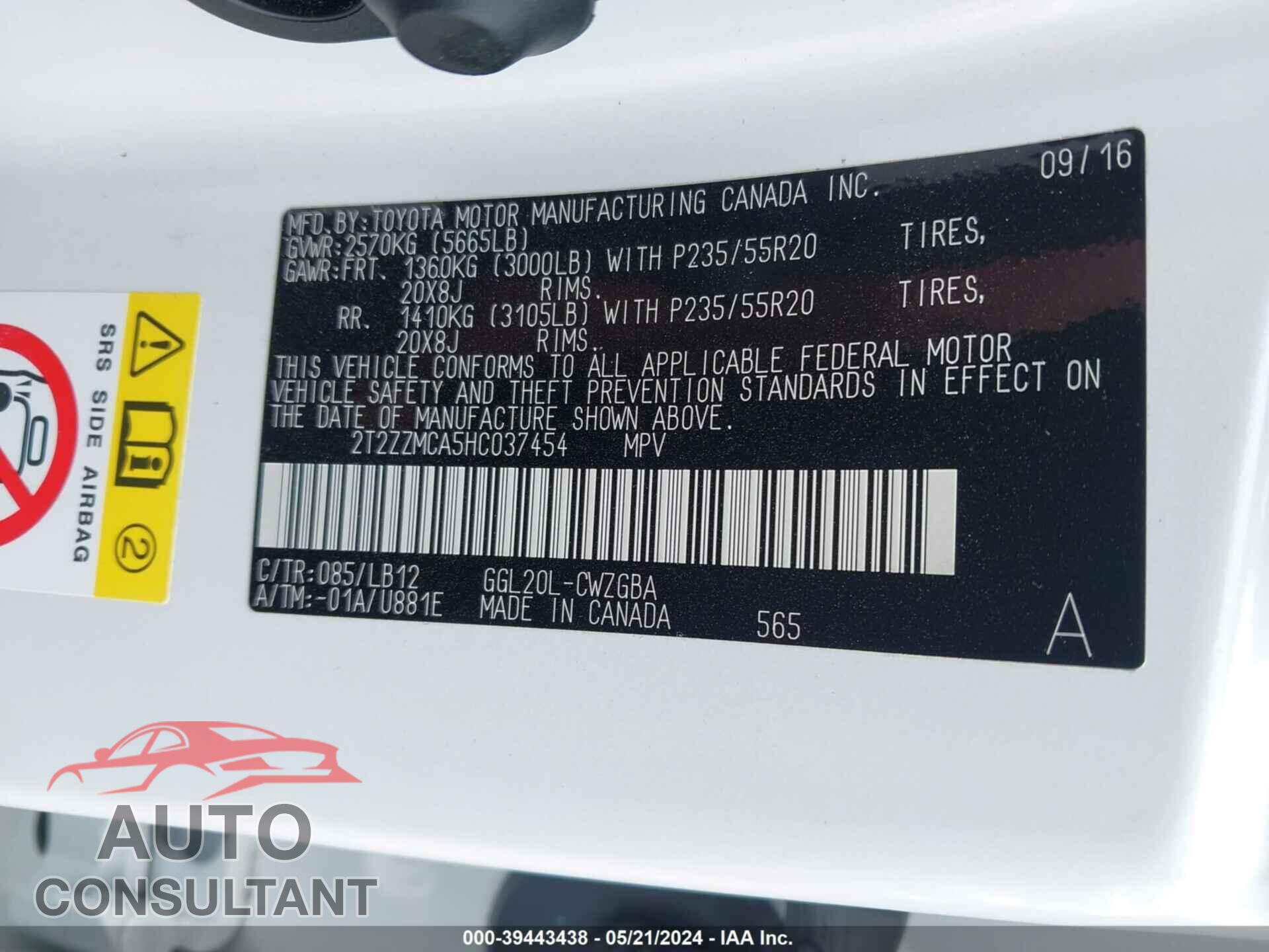 LEXUS RX 350 2017 - 2T2ZZMCA5HC037454