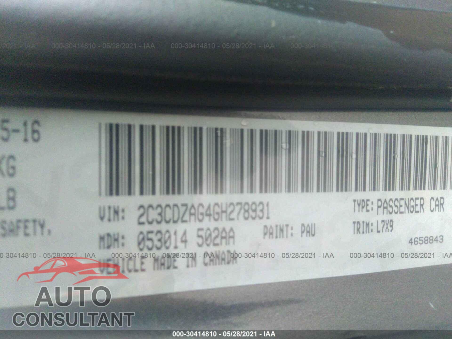 DODGE CHALLENGER 2016 - 2C3CDZAG4GH278931