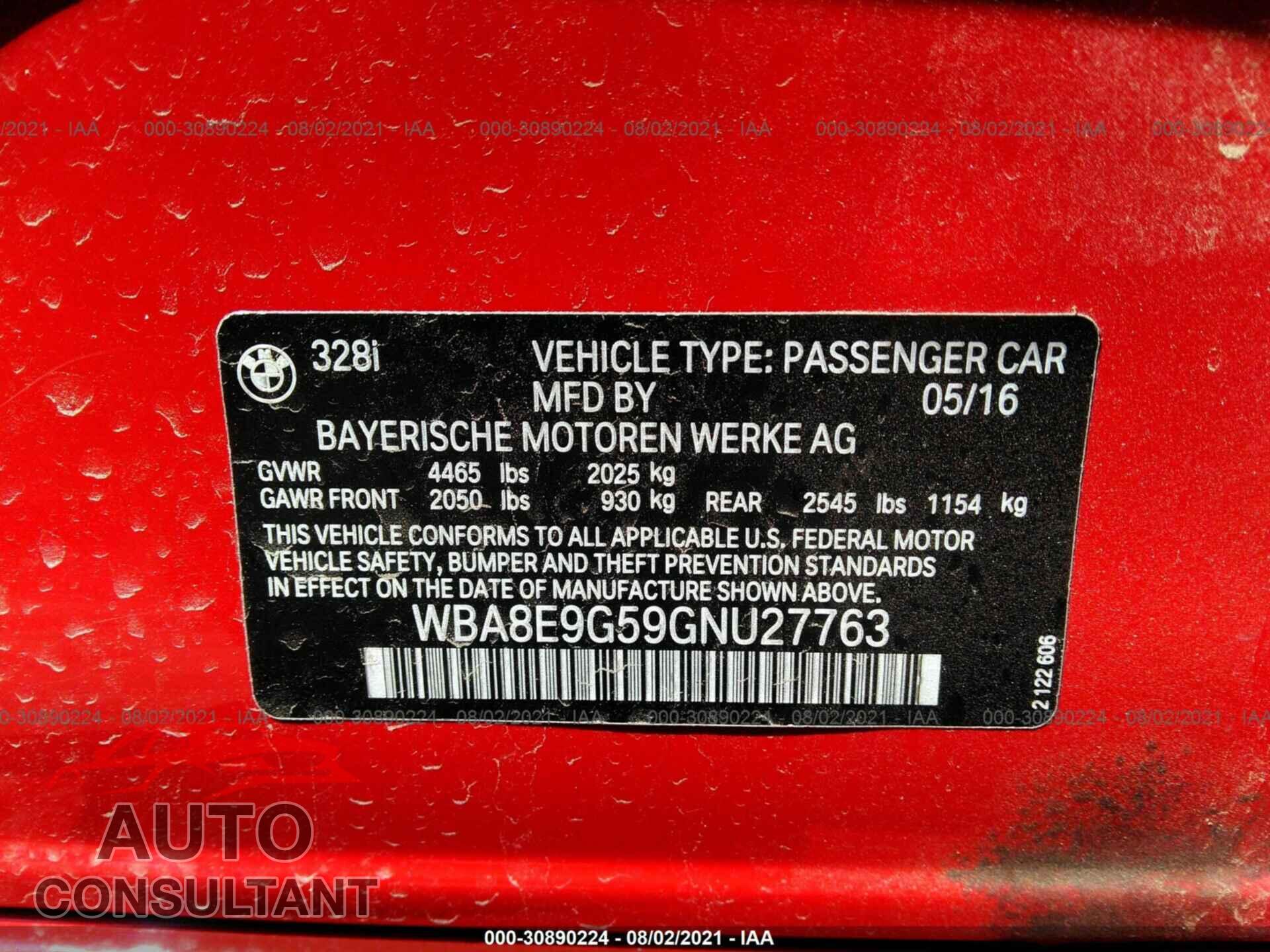 BMW 3 SERIES 2016 - WBA8E9G59GNU27763