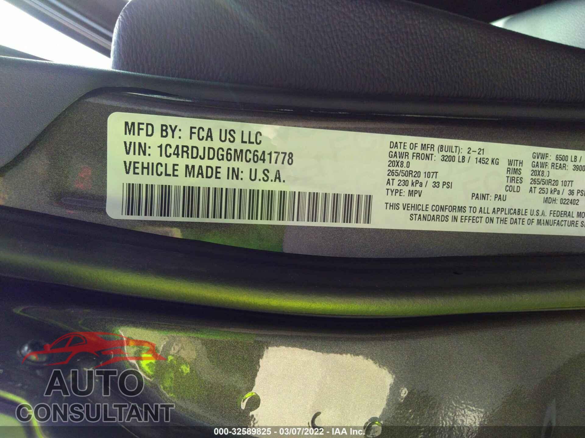 DODGE DURANGO 2021 - 1C4RDJDG6MC641778